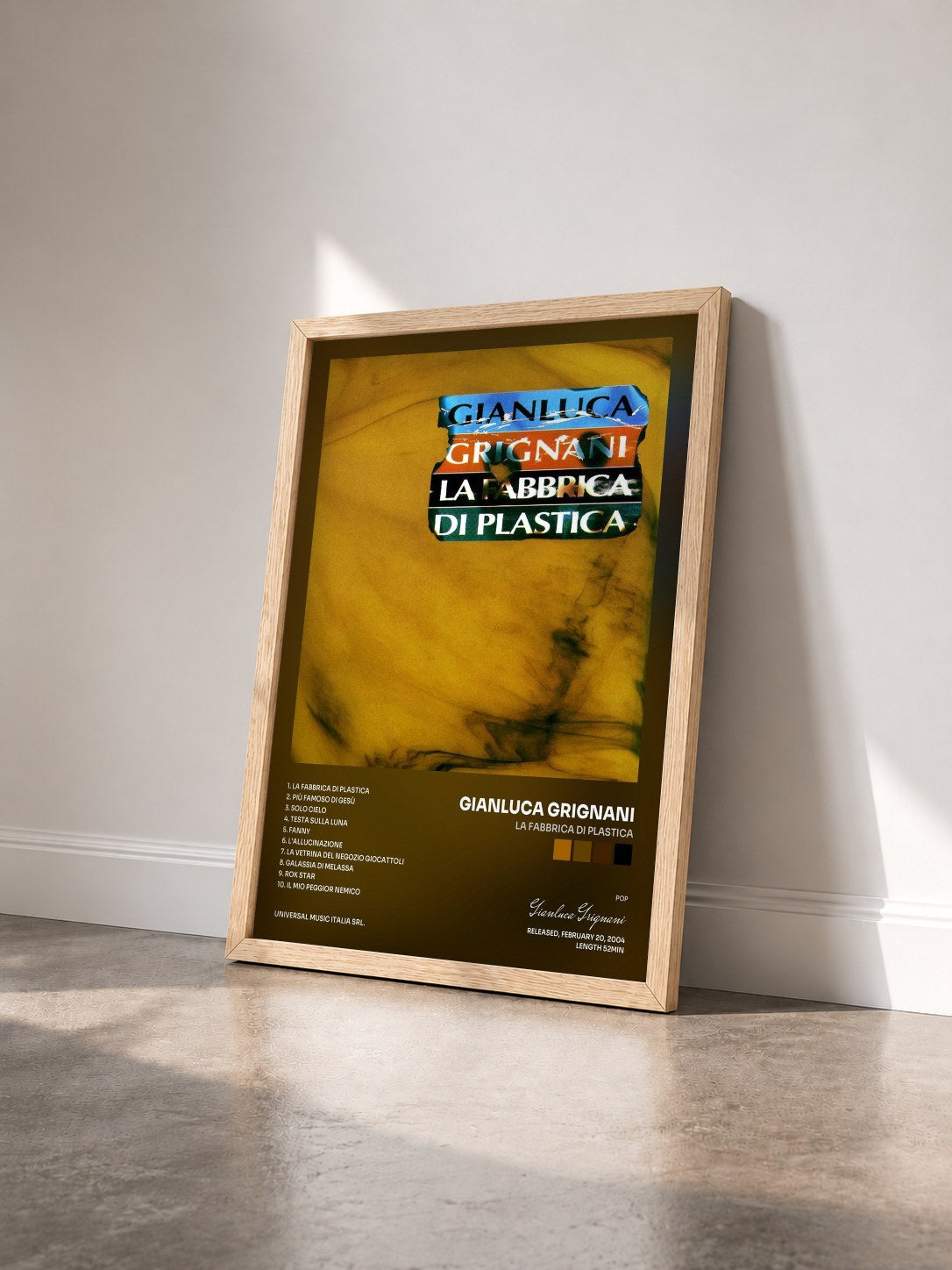 #bois Tableau de l'album La Fabbrica Di Plastica de Gianluca Grignani vu de trois quarts, cadre en bois brut