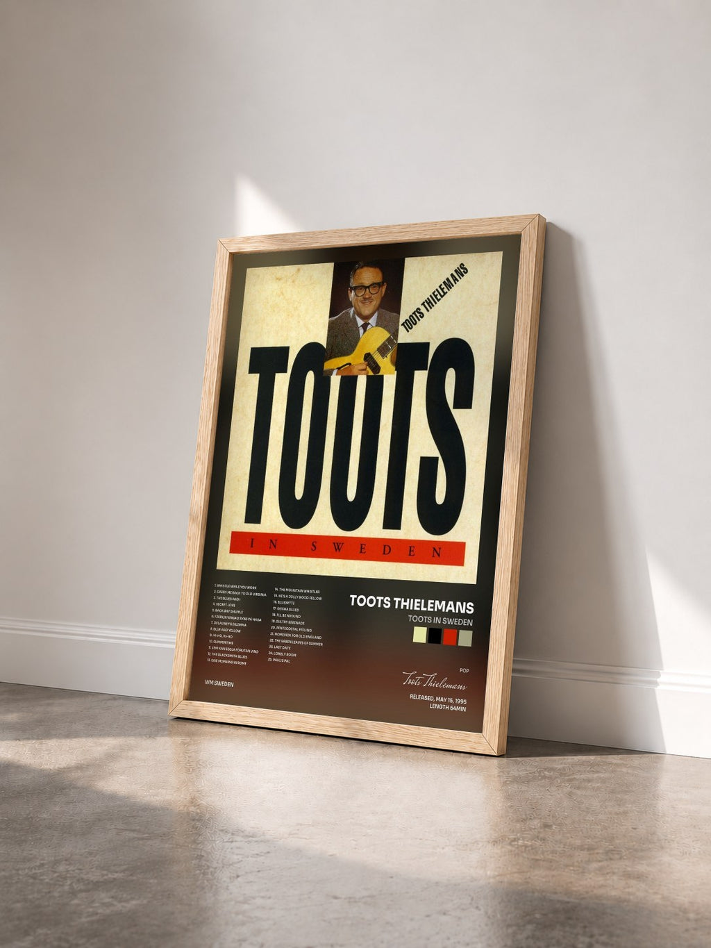 #bois Tableau de l'album Toots in Sweden de Toots Thielemans vu de trois quarts, cadre en bois brut