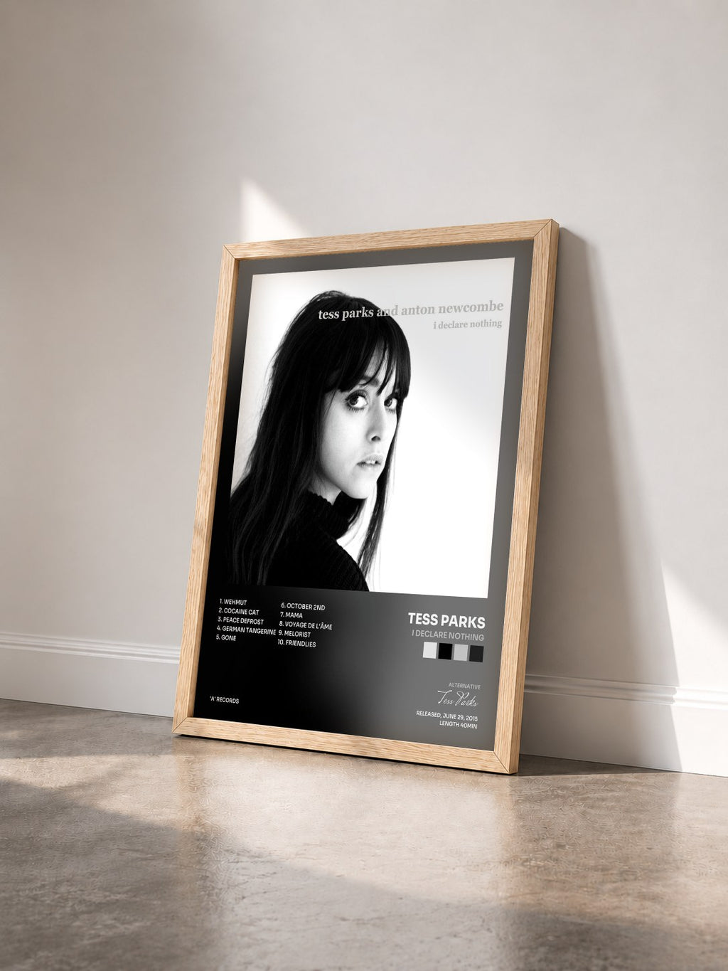 #bois Tableau de l'album I Declare Nothing de Tess Parks vu de trois quarts, cadre en bois brut