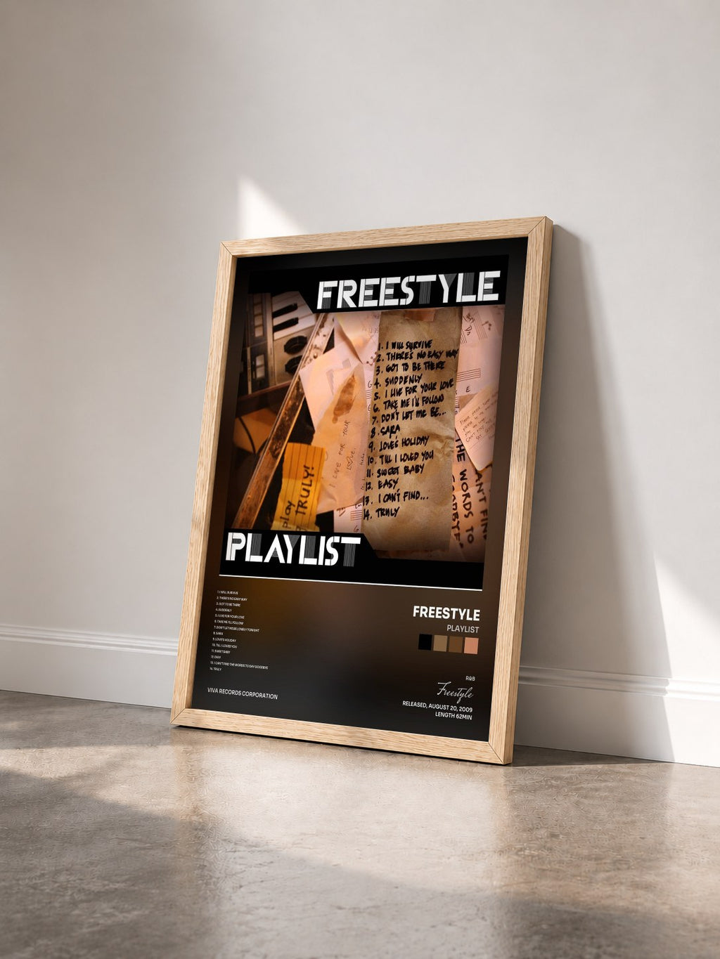#bois Tableau de l'album Playlist de Freestyle vu de trois quarts, cadre en bois brut