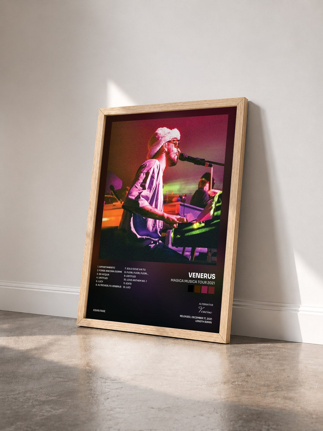 #bois Tableau de l'album Magica Musica Tour 2021 de Venerus vu de trois quarts, cadre en bois brut