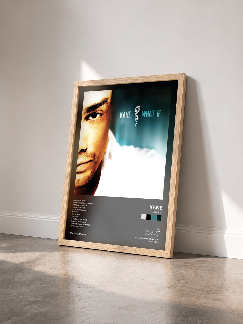 #bois Tableau de l'album What If de KANE vu de trois quarts, cadre en bois brut