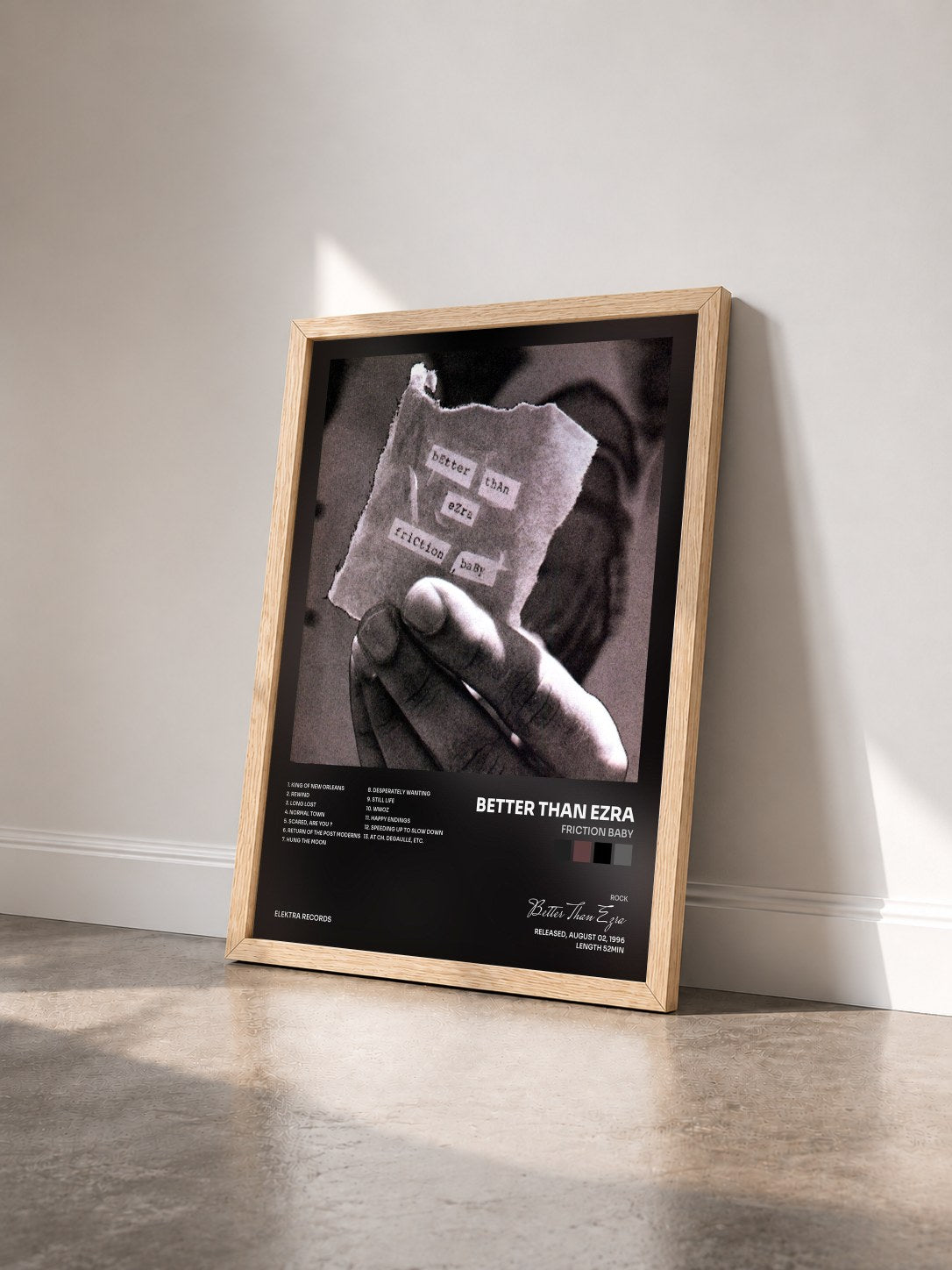 #bois Tableau de l'album Friction Baby de Better Than Ezra vu de trois quarts, cadre en bois brut