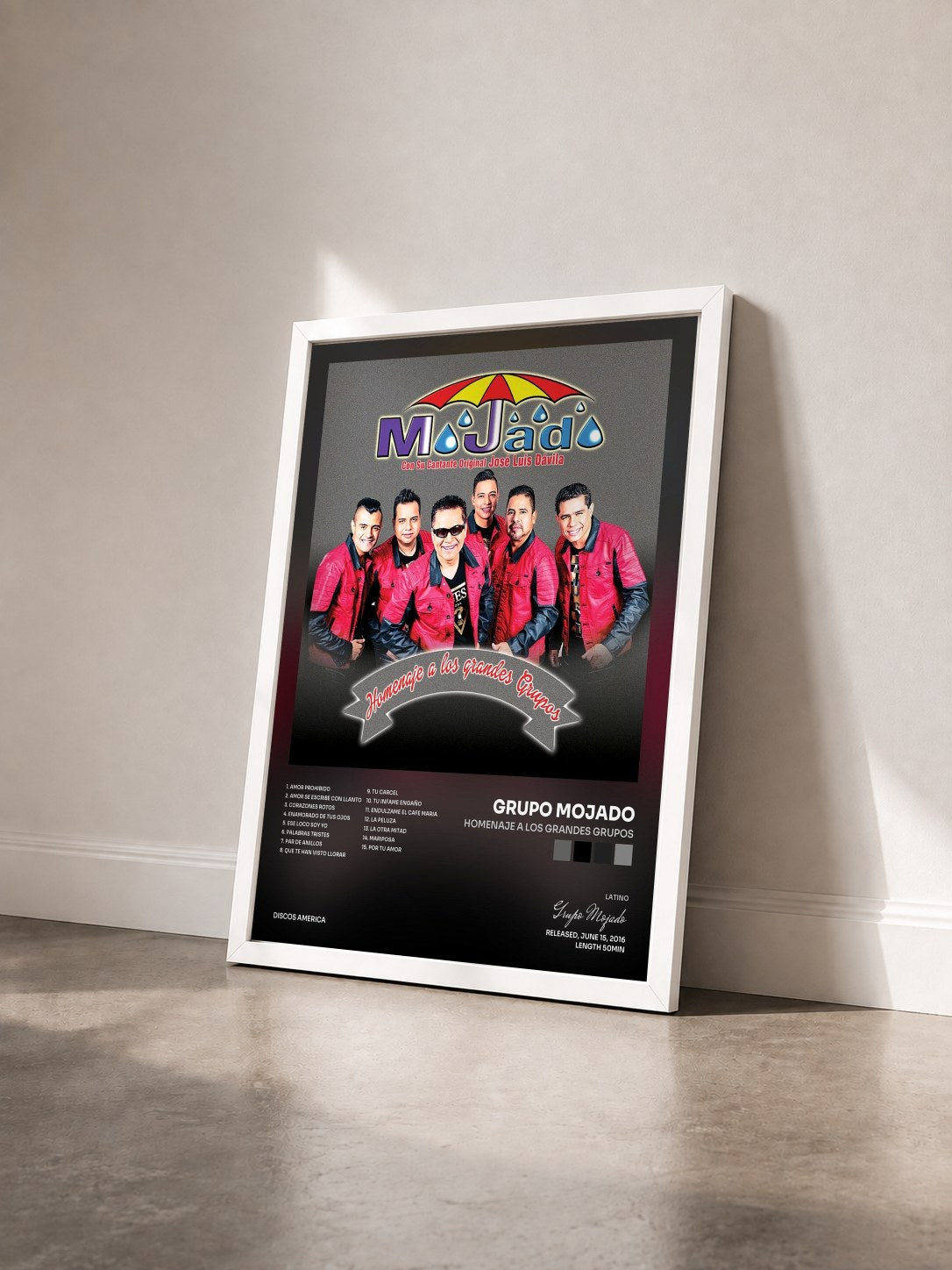 #blanc Tableau de l'album Homenaje a los Grandes Grupos de Grupo Mojado vu de trois quarts, cadre blanc