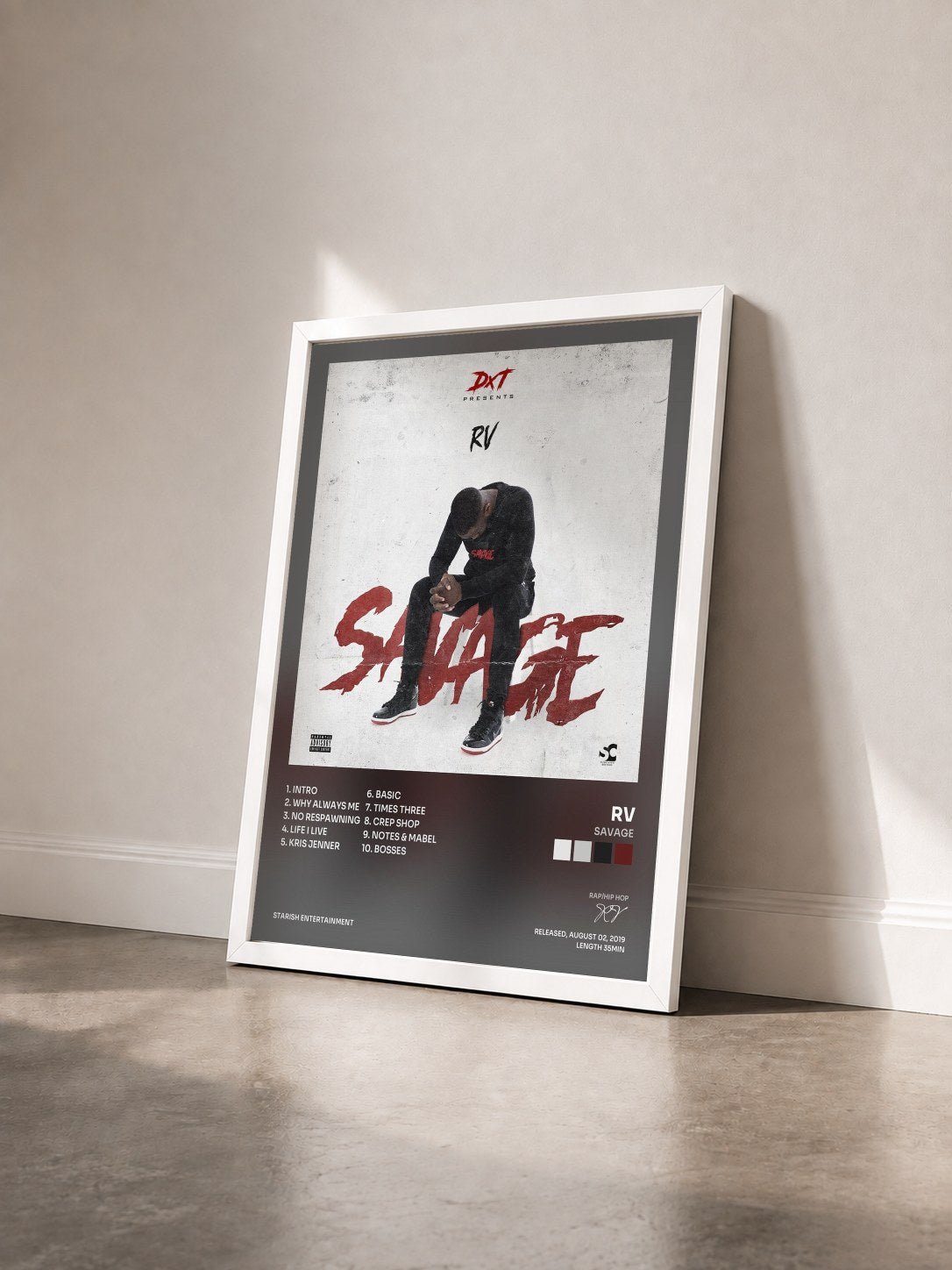 #blanc Tableau de l'album Savage de RV vu de trois quarts, cadre blanc