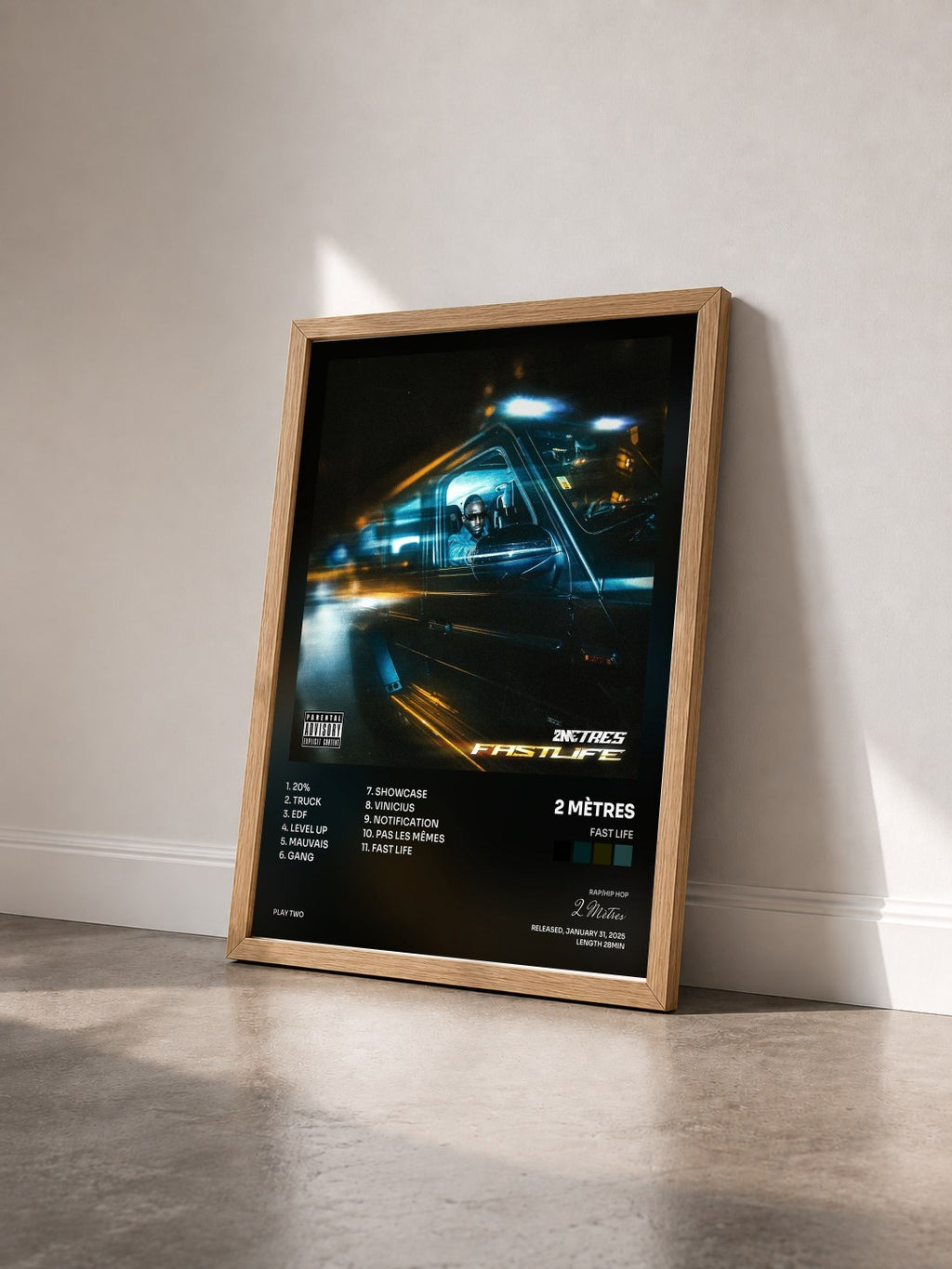 #bois Tableau de l'album FAST LIFE de 2 Mètres vu de trois quarts, cadre en bois brut