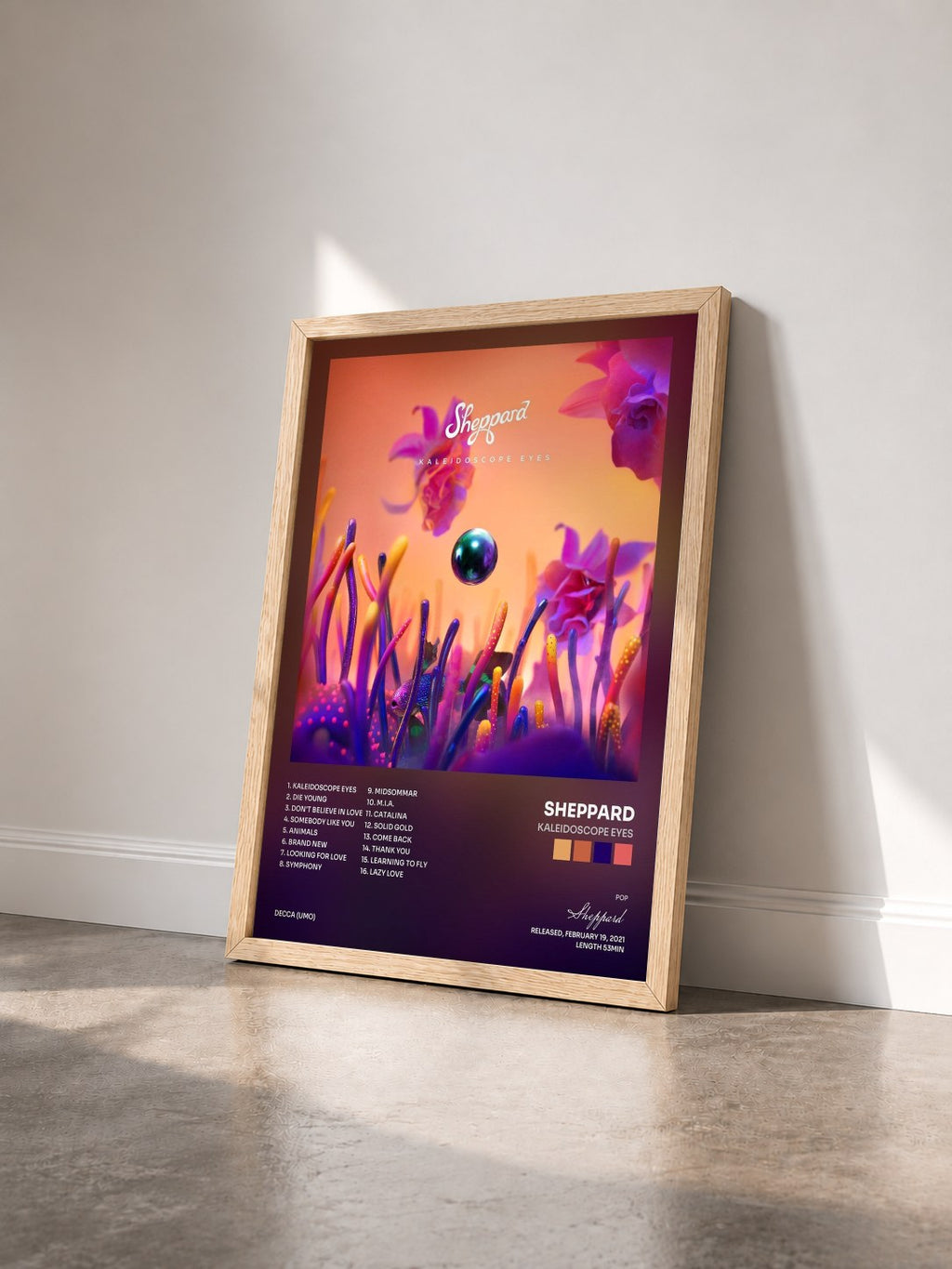 #bois Tableau de l'album Kaleidoscope Eyes de Sheppard vu de trois quarts, cadre en bois brut