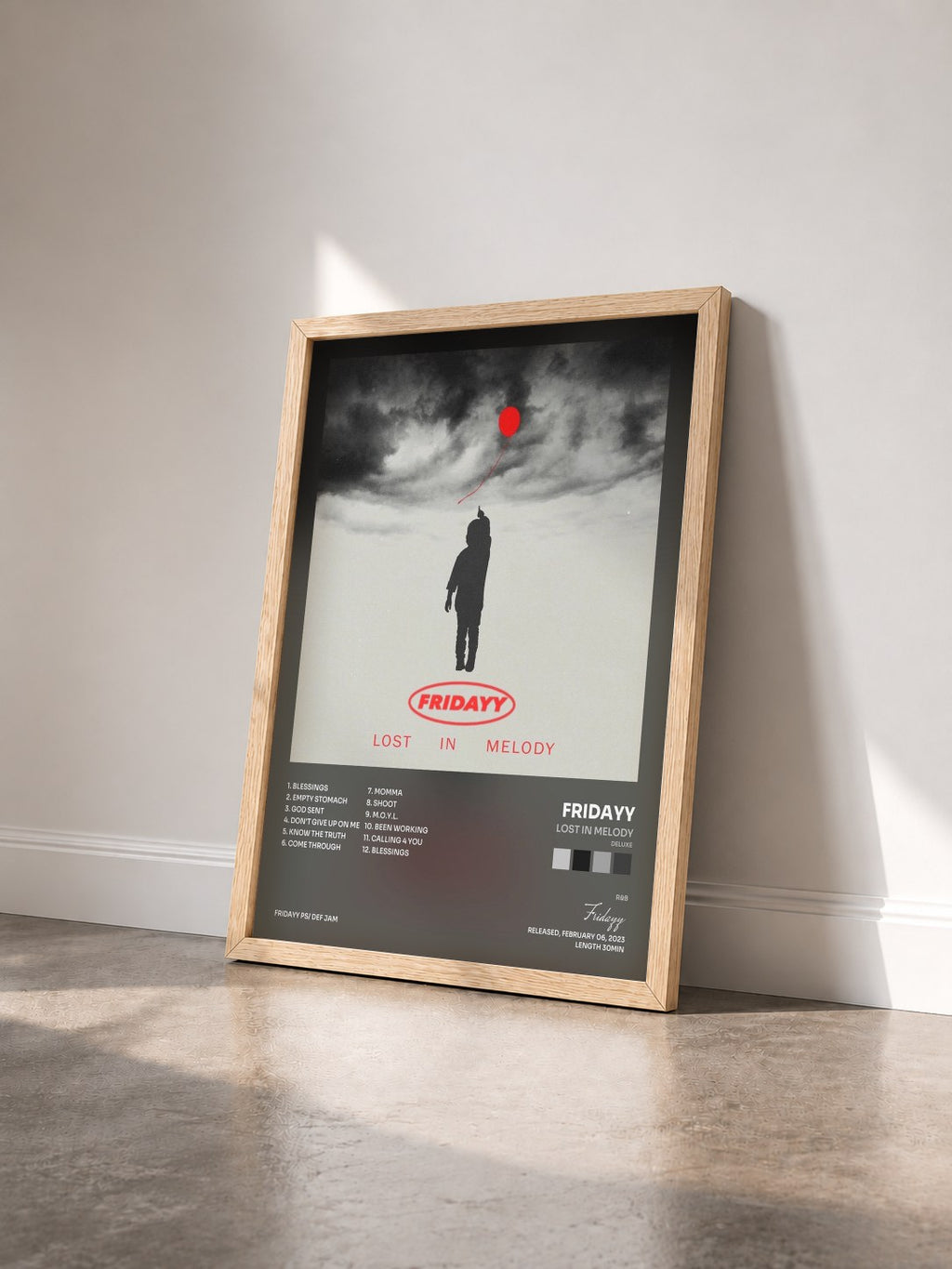 #bois Tableau de l'album Lost In Melody (Deluxe) de Fridayy vu de trois quarts, cadre en bois brut