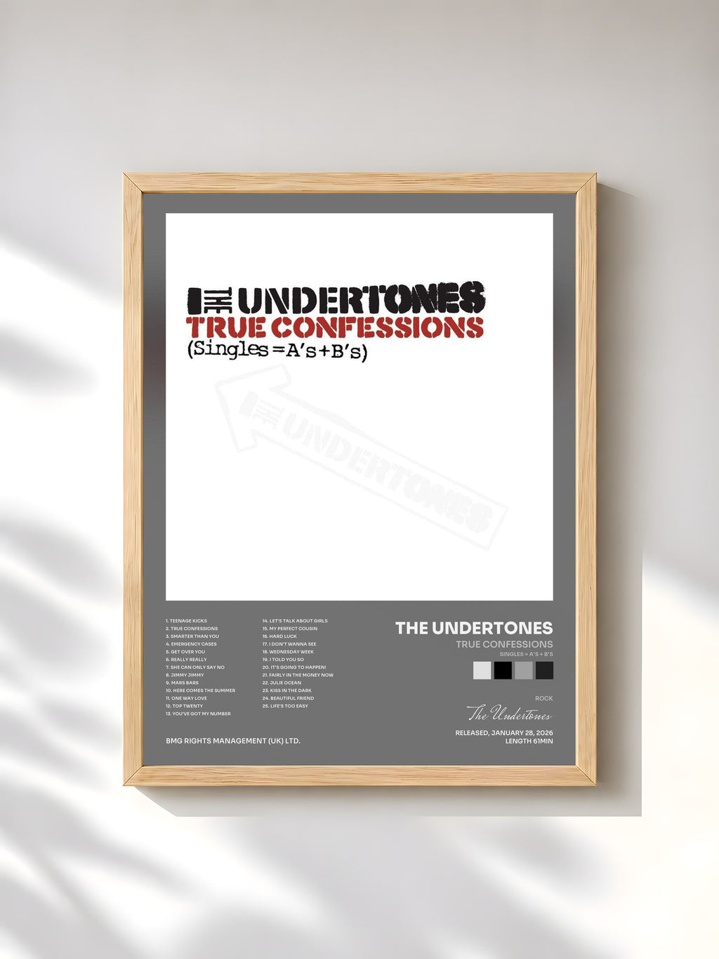 #bois Tableau de l'album True Confessions (Singles = A's + B's) de The Undertones, cadre en bois brut, imprimé et encadré en France