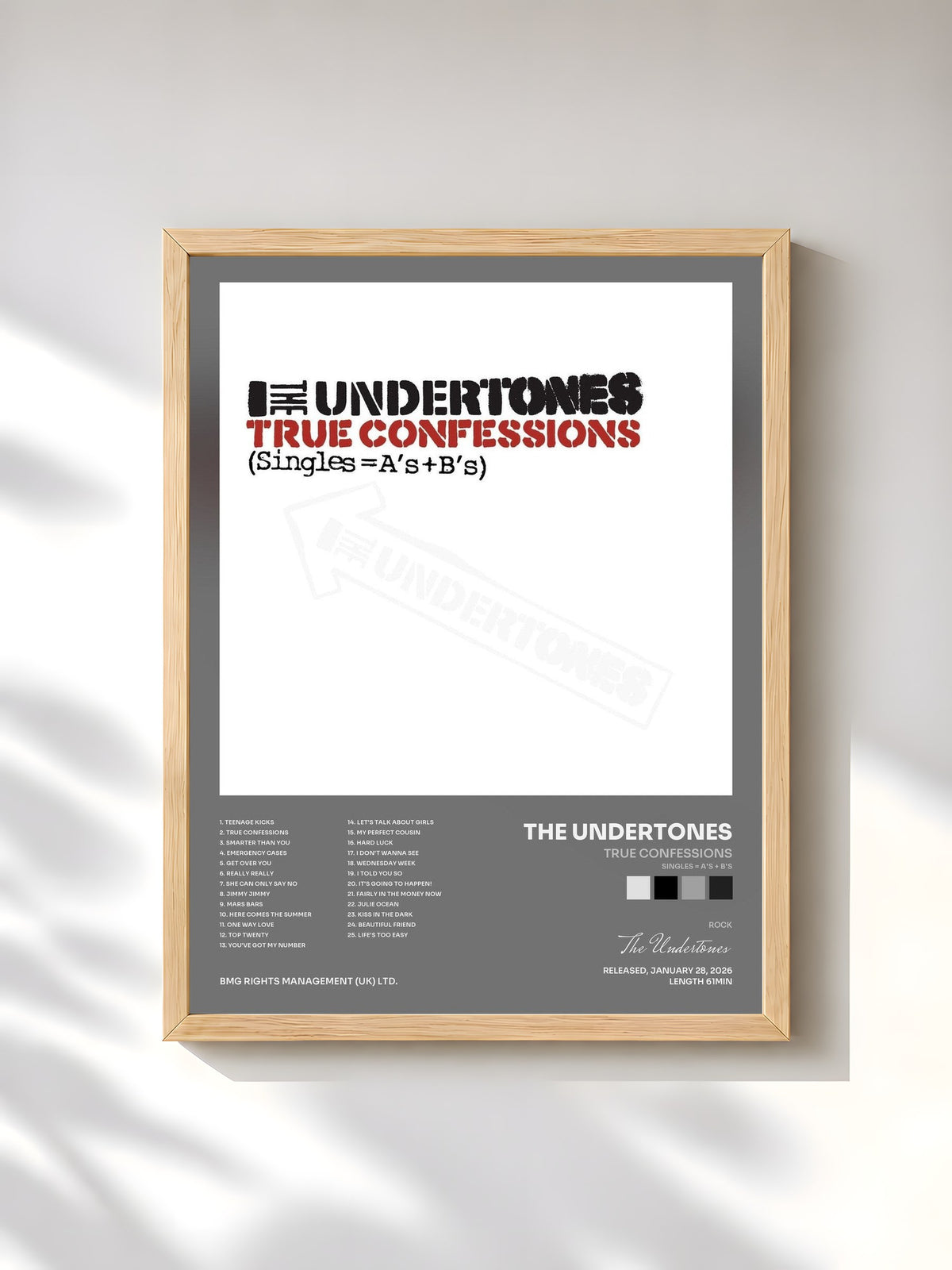 #bois Tableau de l'album True Confessions (Singles = A's + B's) de The Undertones, cadre en bois brut, imprimé et encadré en France
