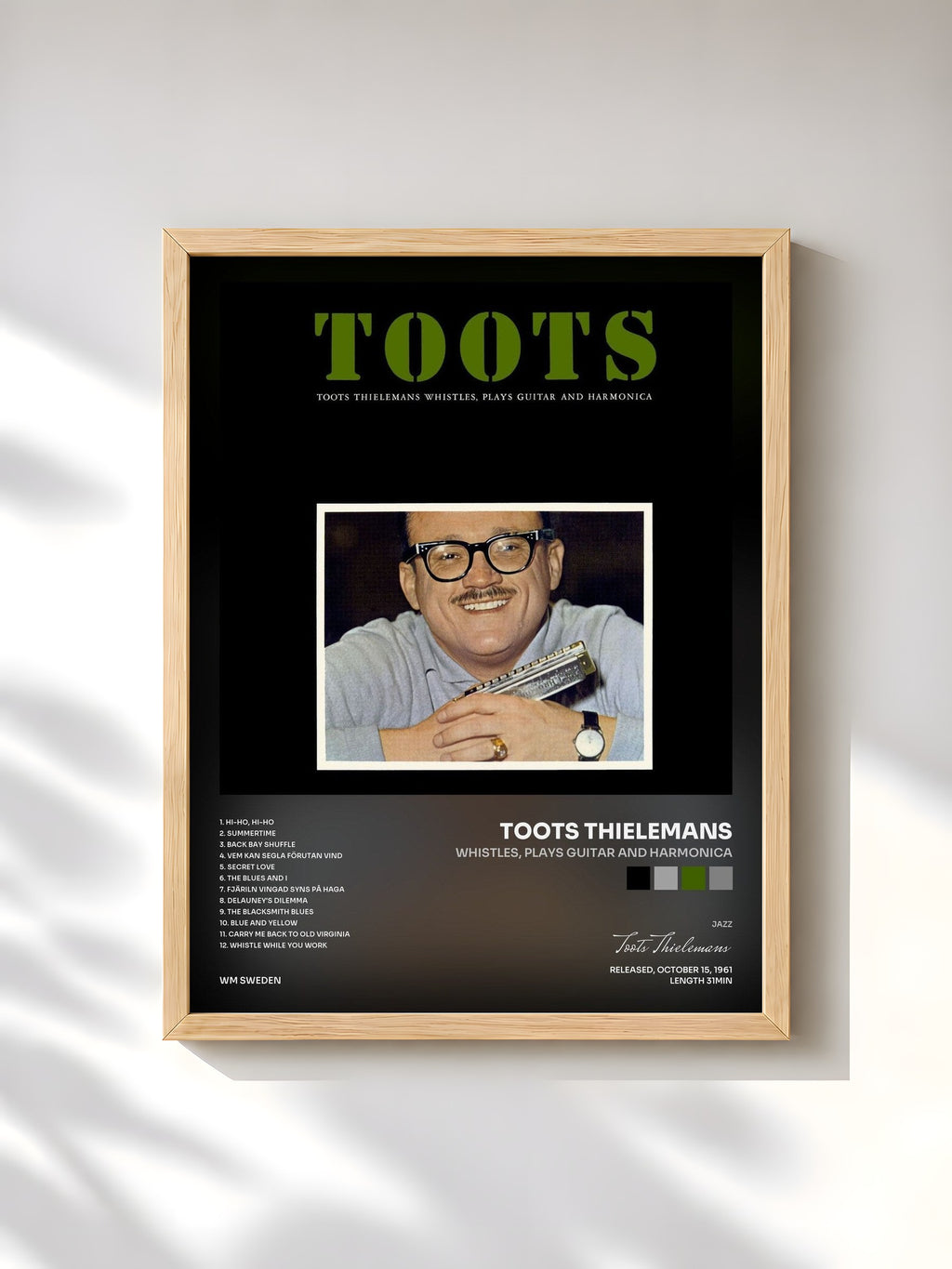 #bois Tableau de l'album Whistles, Plays Guitar And Harmonica de Toots Thielemans, cadre en bois brut, imprimé et encadré en France