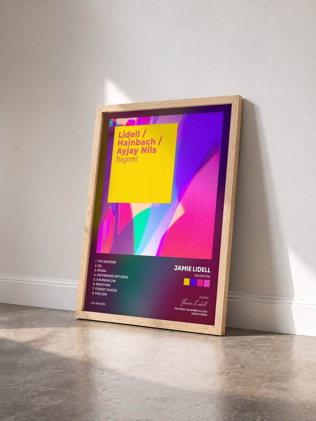 #bois Tableau de l'album Nagroni de Jamie Lidell vu de trois quarts, cadre en bois brut
