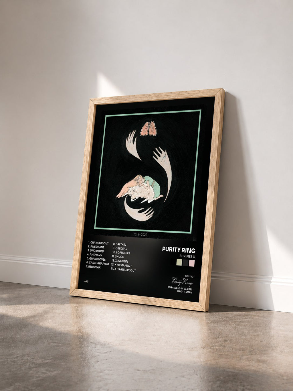 #bois Tableau de l'album shrines X de Purity Ring vu de trois quarts, cadre en bois brut