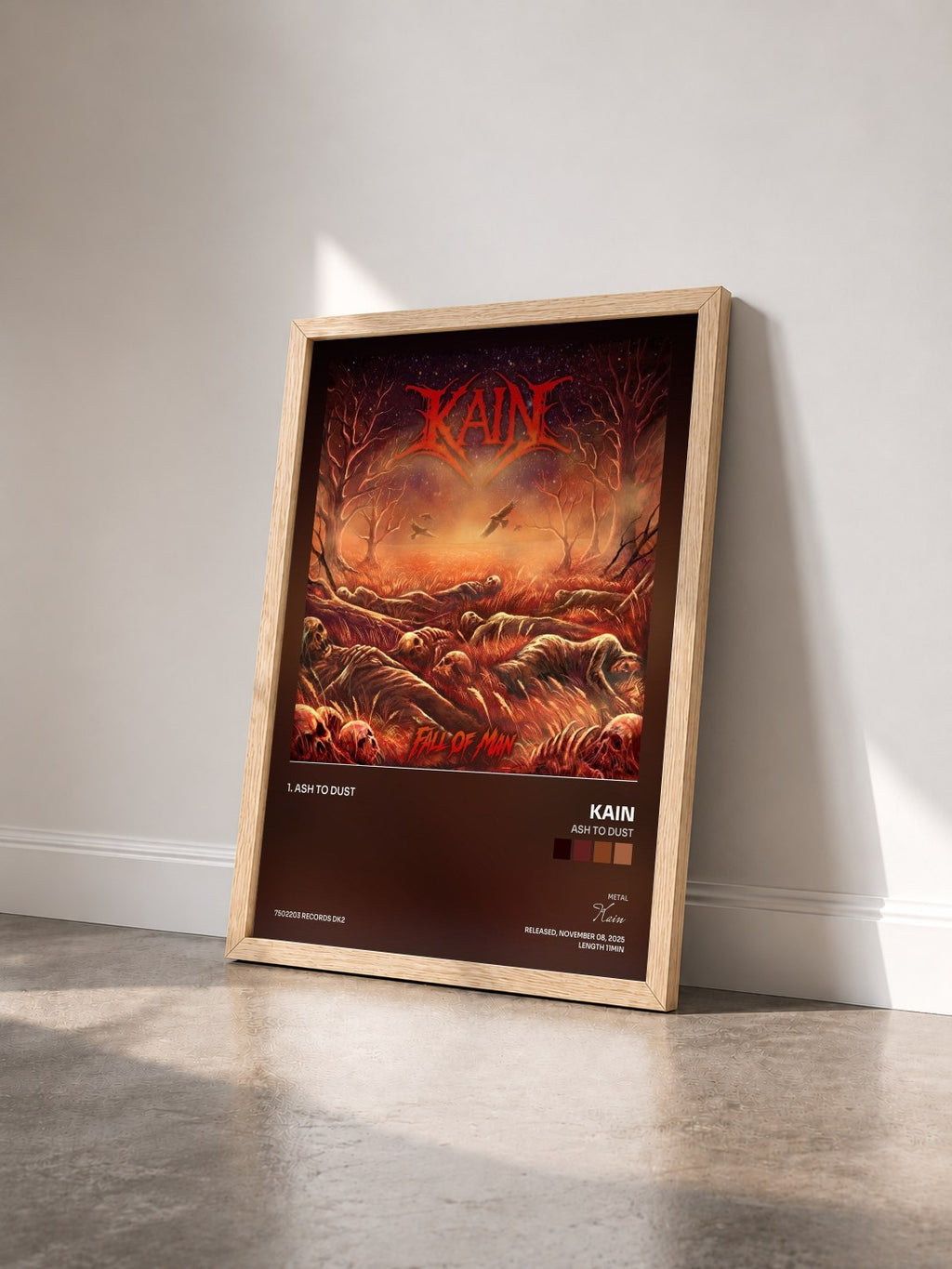 #bois Tableau de l'album Ash To Dust de Kain vu de trois quarts, cadre en bois brut