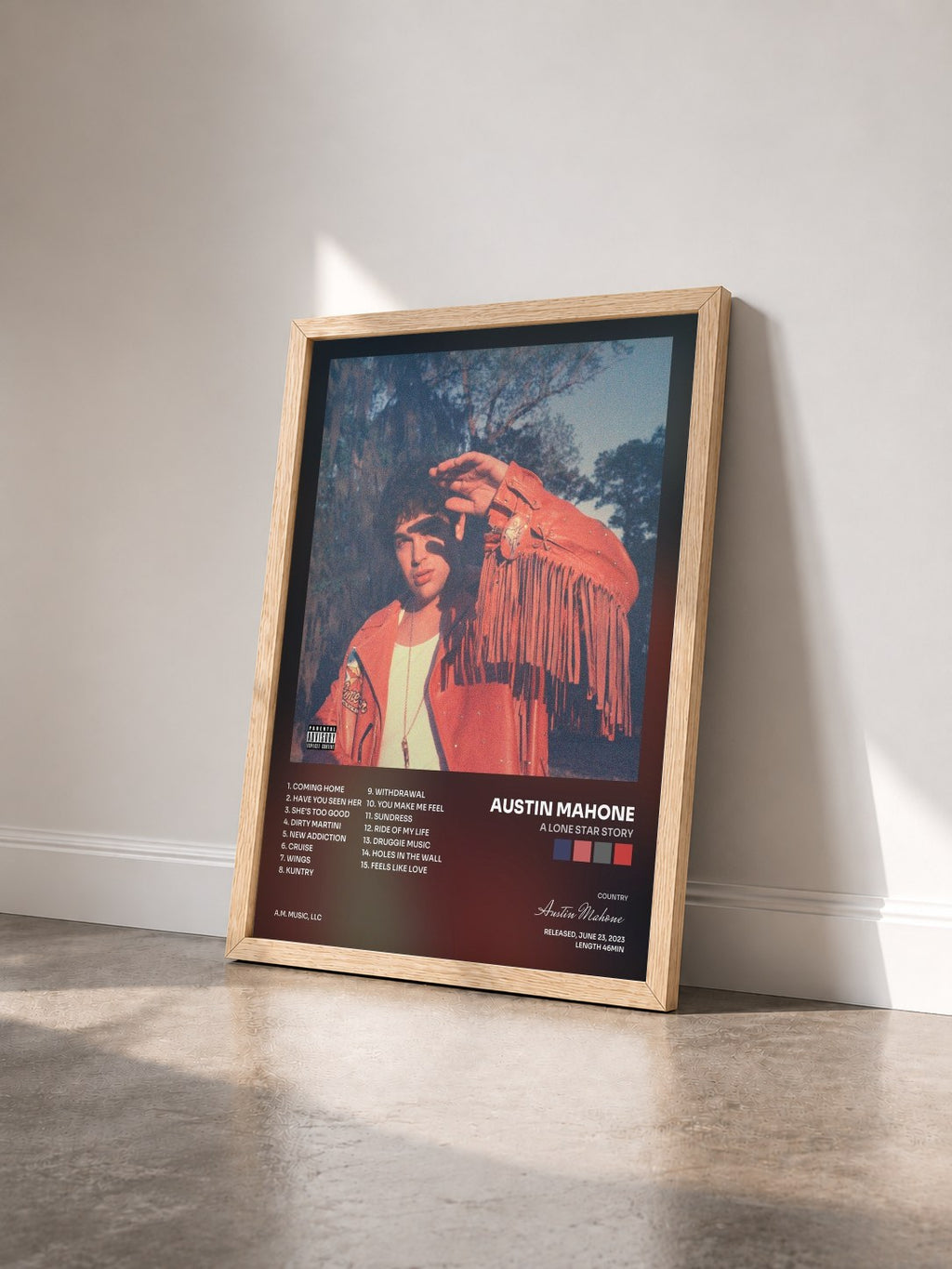 #bois Tableau de l'album A Lone Star Story de Austin Mahone vu de trois quarts, cadre en bois brut