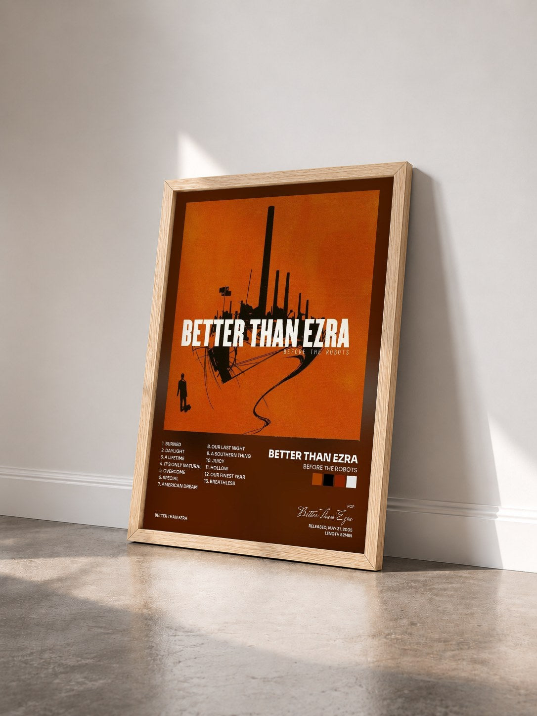 #bois Tableau de l'album Before the Robots de Better Than Ezra vu de trois quarts, cadre en bois brut