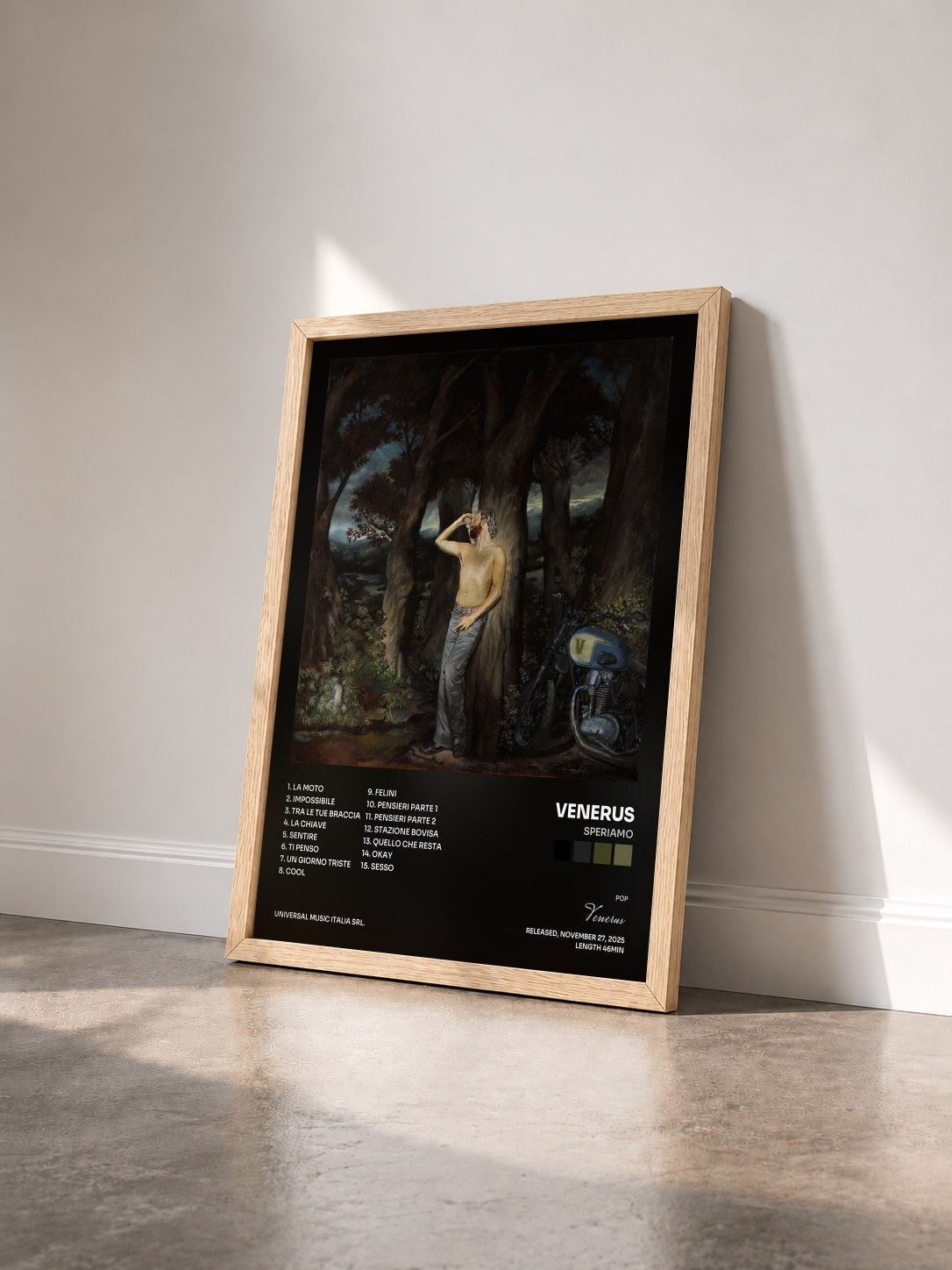 #bois Tableau de l'album Speriamo de Venerus vu de trois quarts, cadre en bois brut