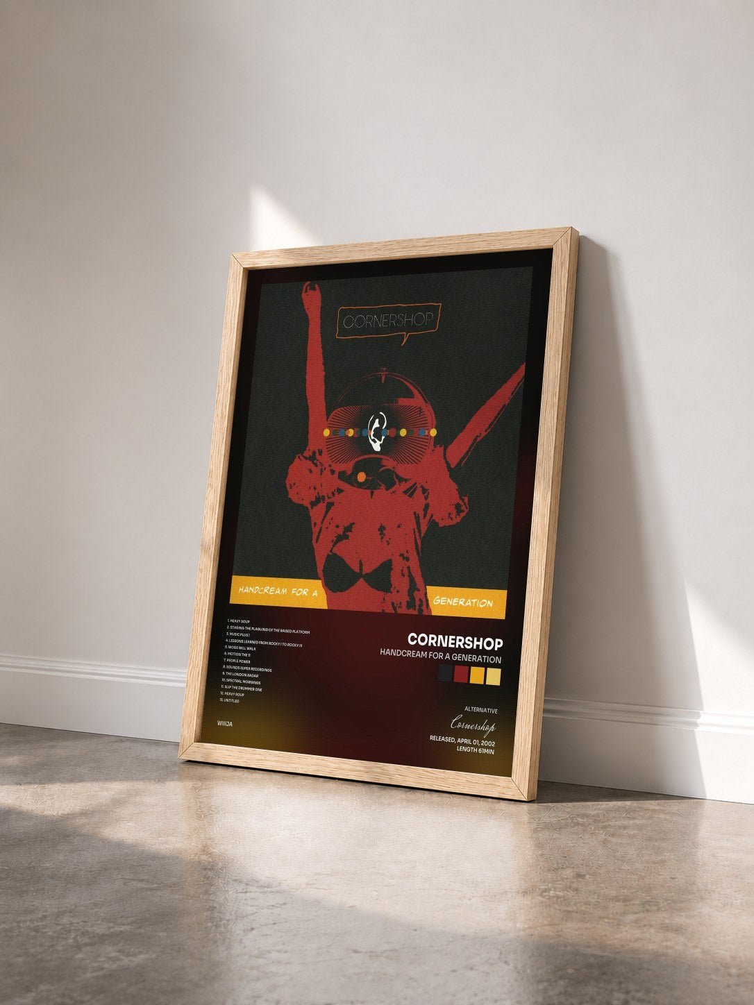 #bois Tableau de l'album Handcream for a Generation de Cornershop vu de trois quarts, cadre en bois brut