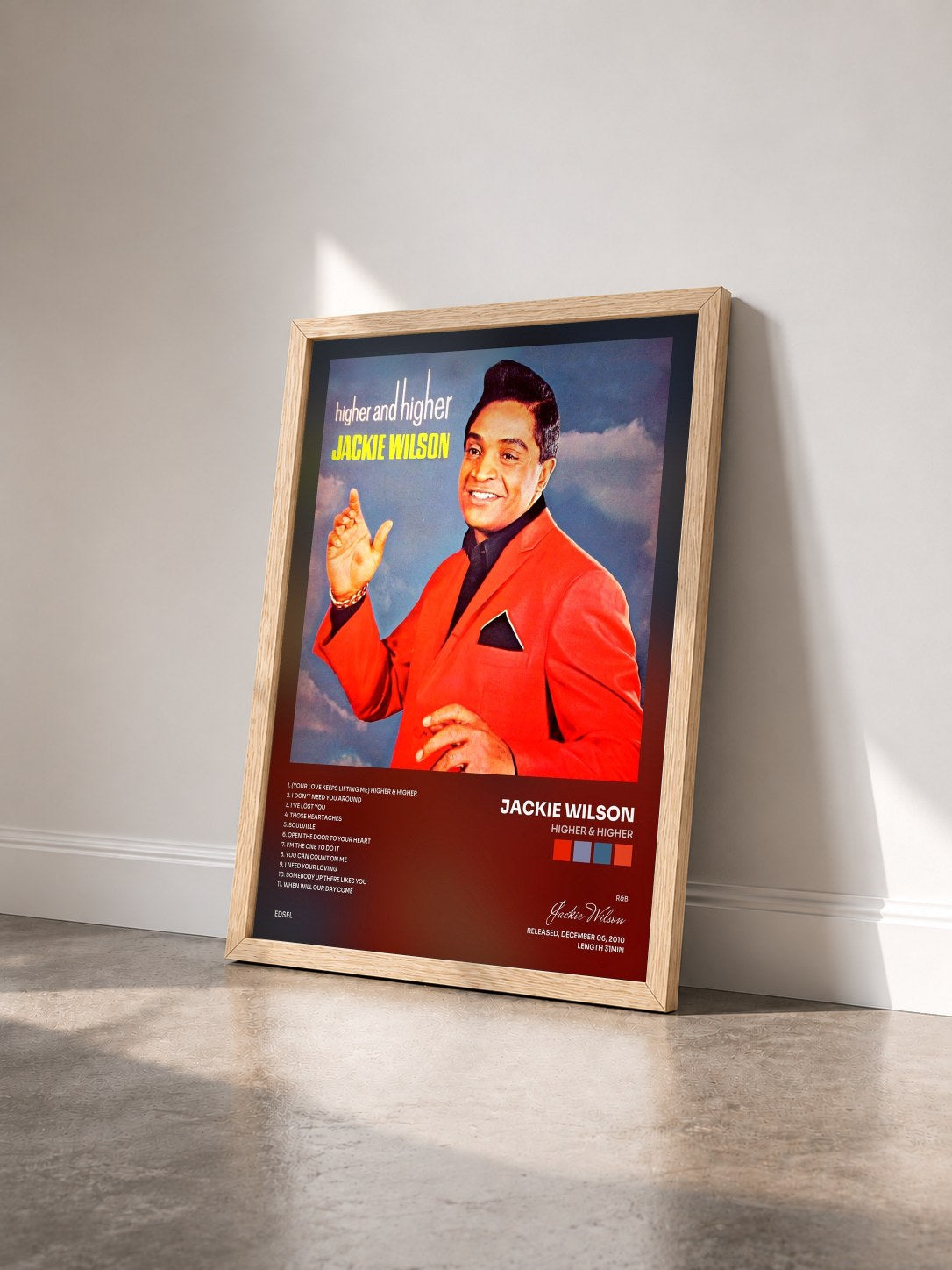 #bois Tableau de l'album Higher & Higher de Jackie Wilson vu de trois quarts, cadre en bois brut