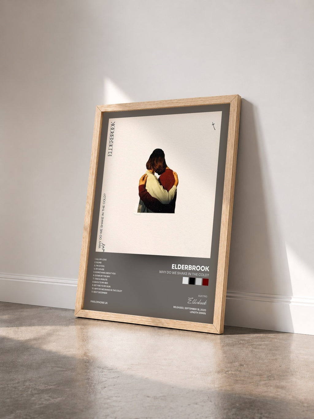 #bois Tableau de l'album Why Do We Shake In The Cold? de Elderbrook vu de trois quarts, cadre en bois brut