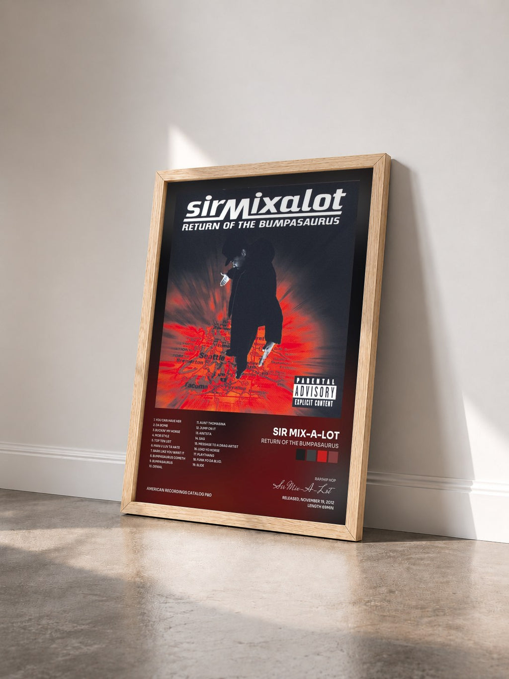 #bois Tableau de l'album Return Of The Bumpasaurus de Sir Mix-A-Lot vu de trois quarts, cadre en bois brut