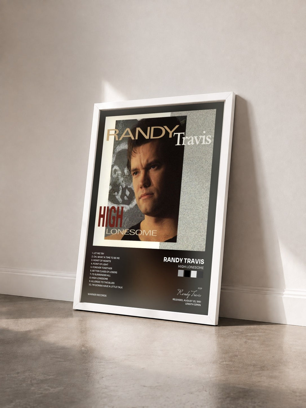 #blanc Tableau de l'album High Lonesome de Randy Travis vu de trois quarts, cadre blanc