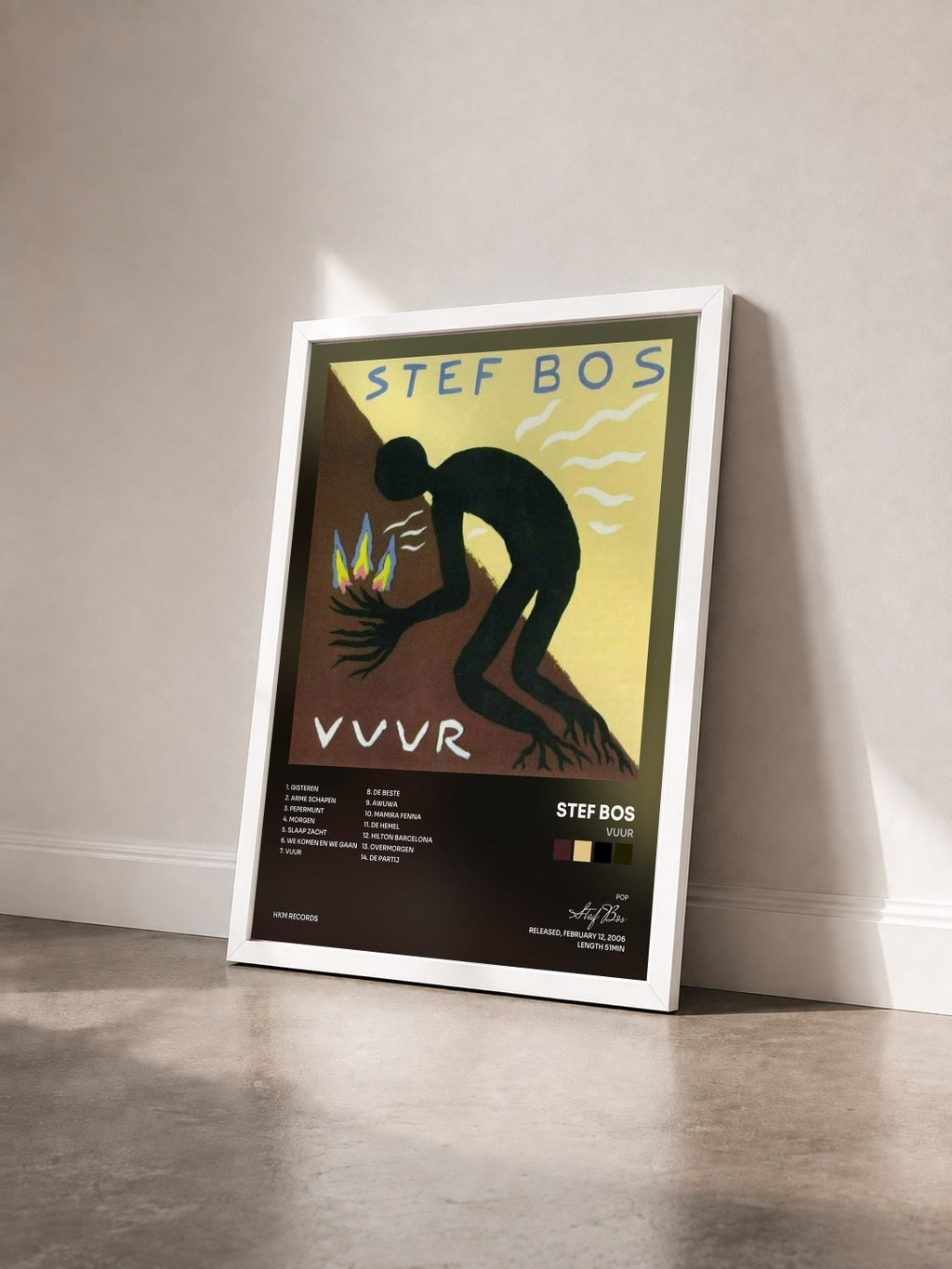 #blanc Tableau de l'album Vuur de Stef Bos vu de trois quarts, cadre blanc