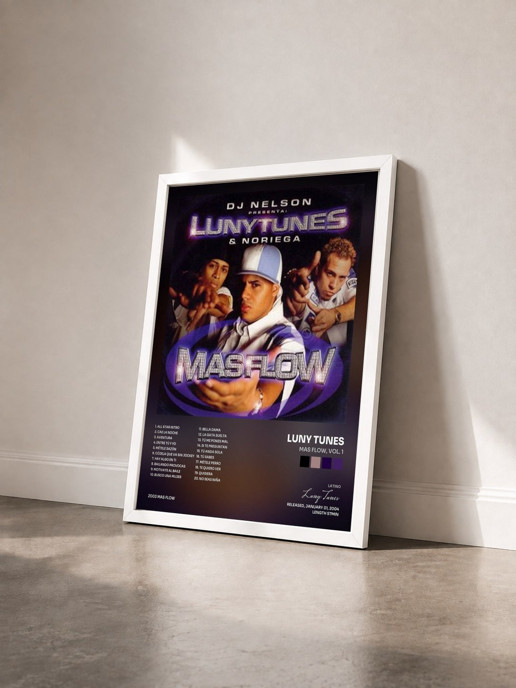 #blanc Tableau de l'album Mas Flow, Vol. 1 de Luny Tunes vu de trois quarts, cadre blanc