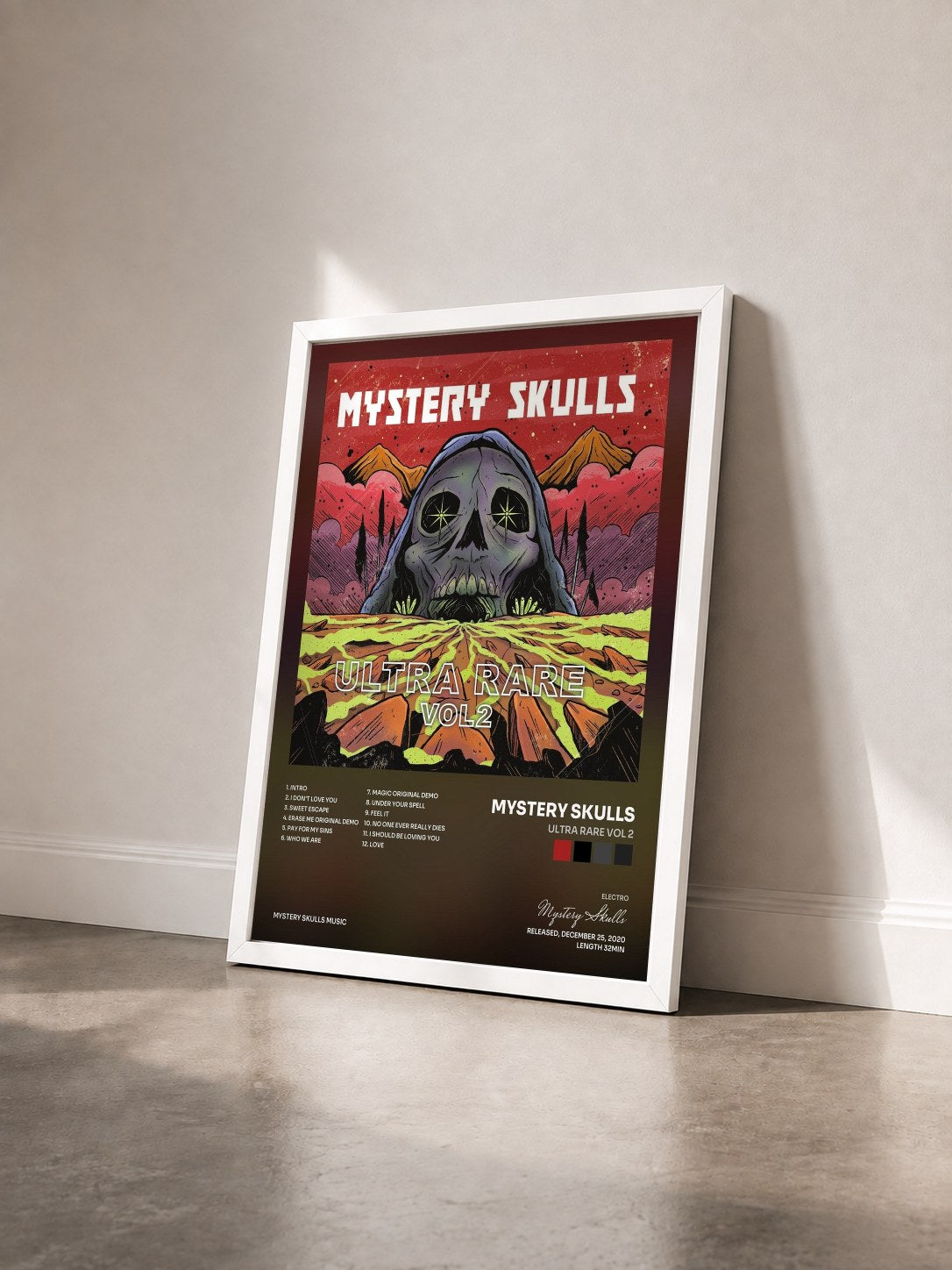 #blanc Tableau de l'album Ultra Rare Vol 2 de Mystery Skulls vu de trois quarts, cadre blanc