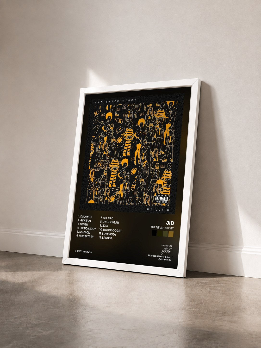 #blanc Tableau de l'album The Never Story de JID vu de trois quarts, cadre blanc