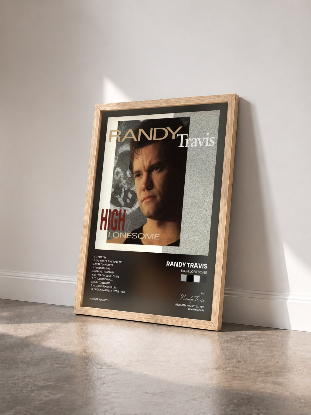 #bois Tableau de l'album High Lonesome de Randy Travis vu de trois quarts, cadre en bois brut