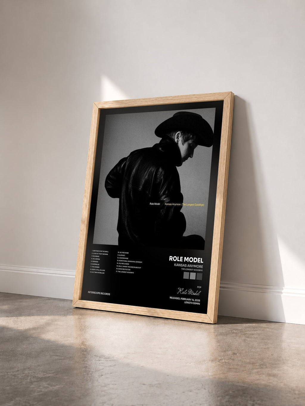 #bois Tableau de l'album Kansas Anymore (The Longest Goodbye) de Role Model vu de trois quarts, cadre en bois brut