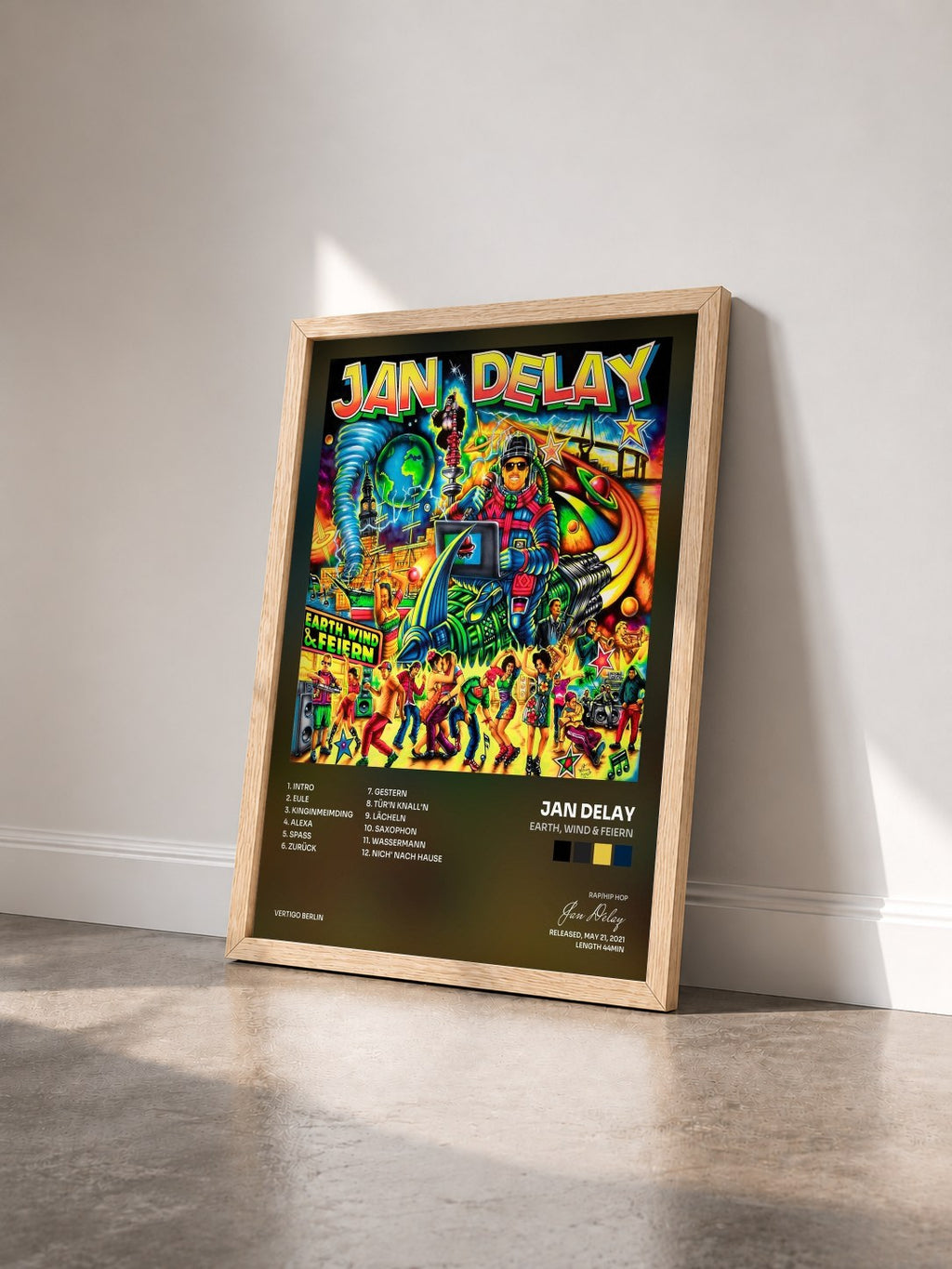 #bois Tableau de l'album Earth, Wind & Feiern de Jan Delay vu de trois quarts, cadre en bois brut