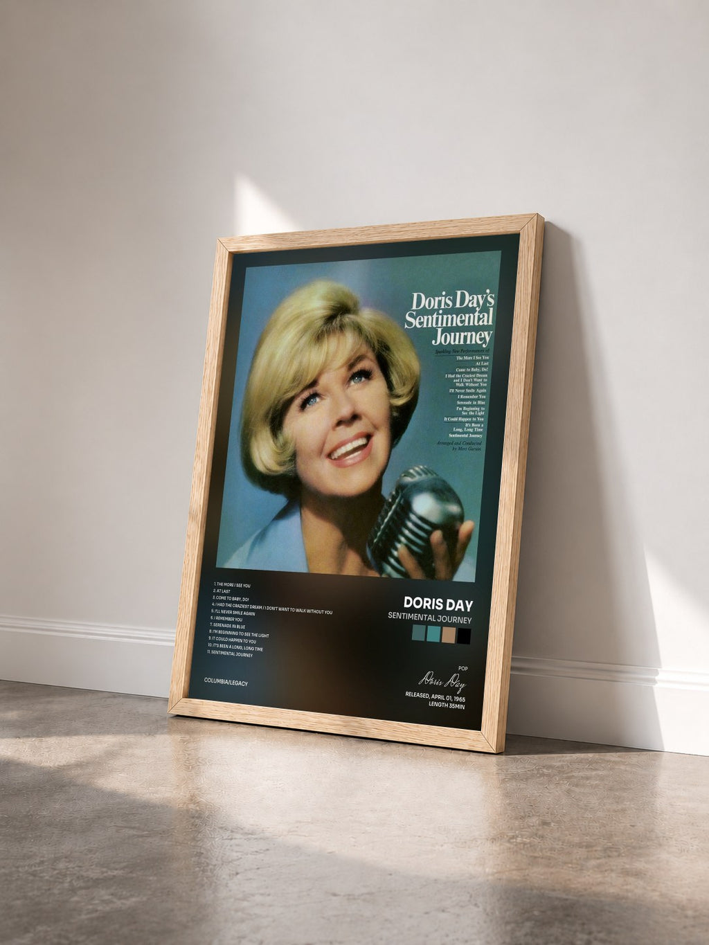 #bois Tableau de l'album Sentimental Journey de Doris Day vu de trois quarts, cadre en bois brut
