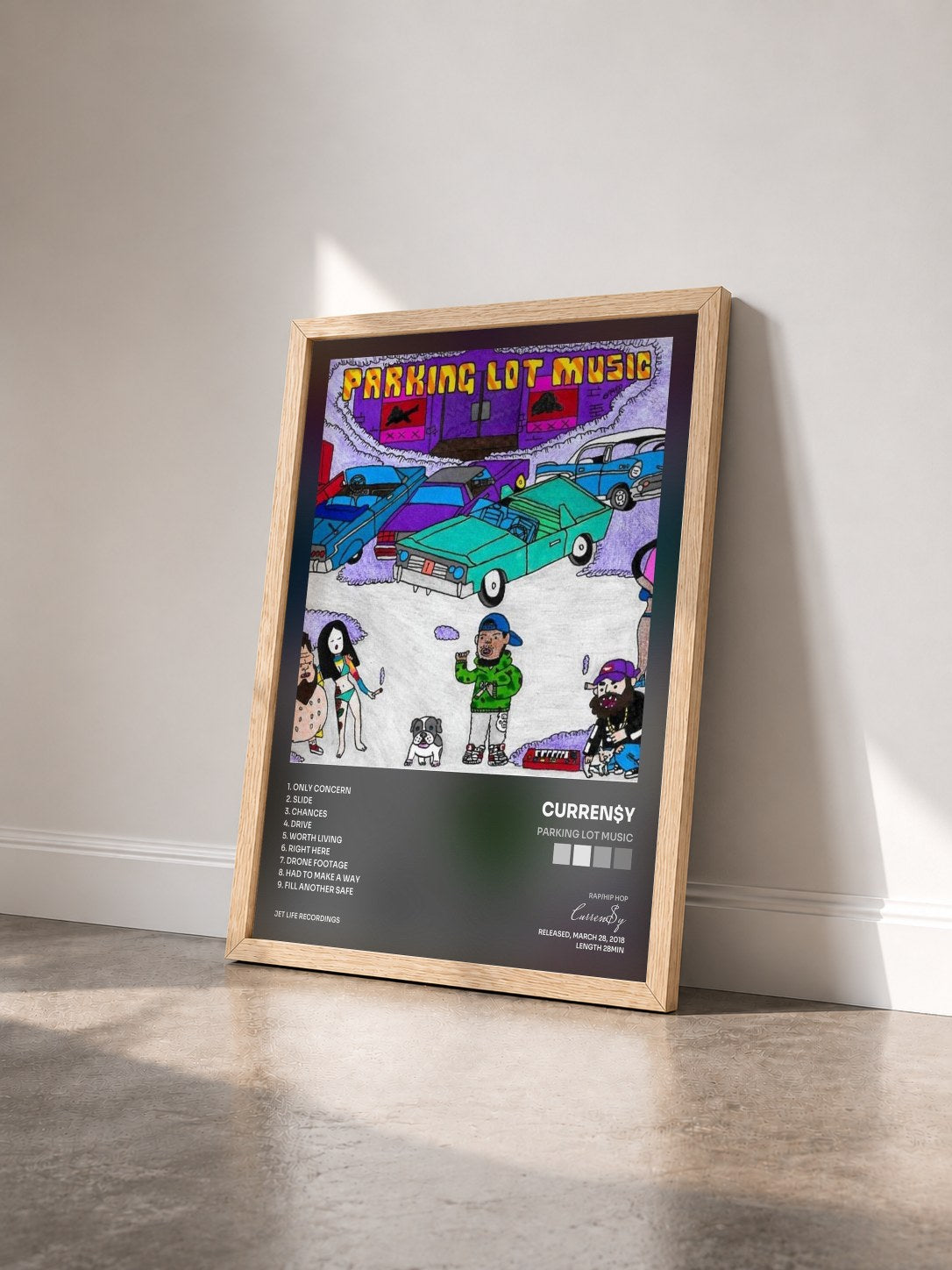 #bois Tableau de l'album Parking Lot Music de Curren$y vu de trois quarts, cadre en bois brut