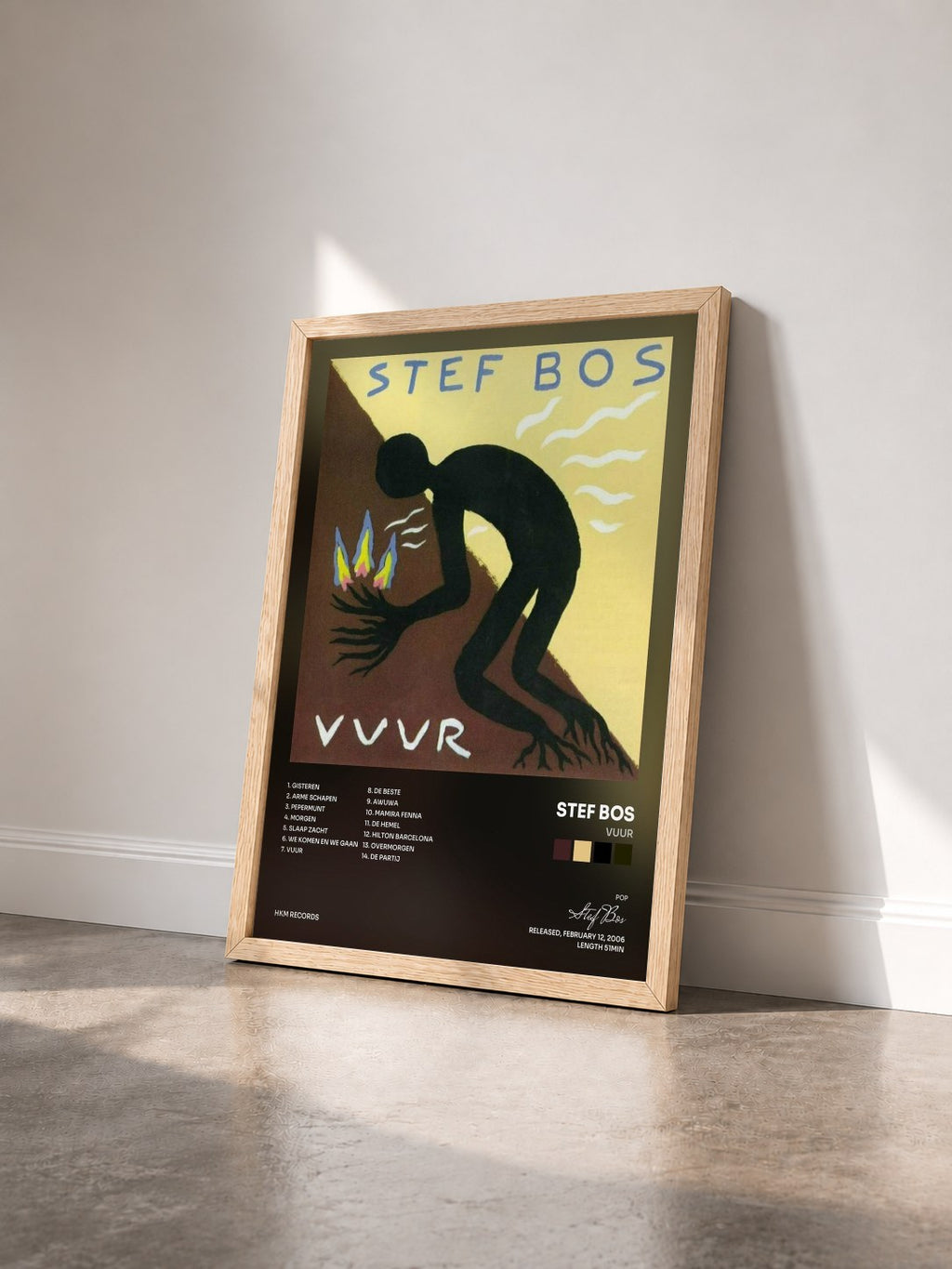 #bois Tableau de l'album Vuur de Stef Bos vu de trois quarts, cadre en bois brut