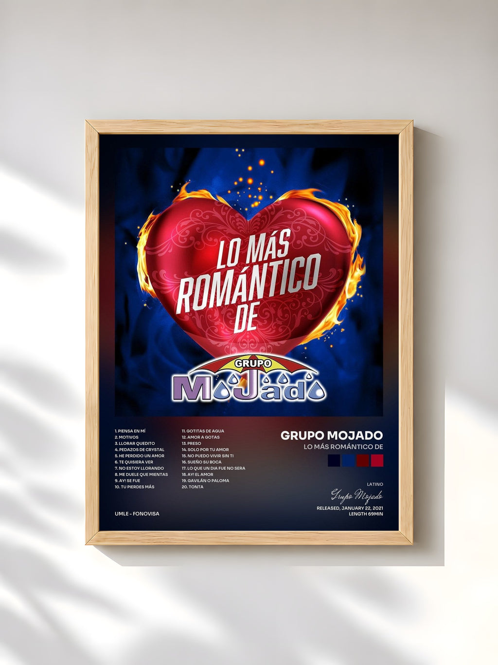 #bois Tableau de l'album Lo Más Romántico De de Grupo Mojado, cadre en bois brut, imprimé et encadré en France