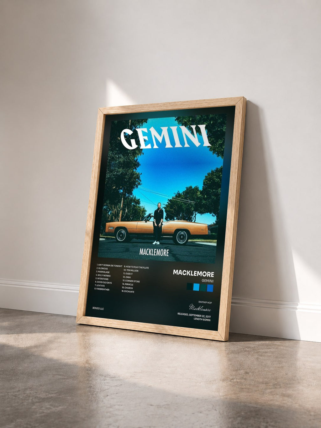 #bois Tableau de l'album GEMINI de Macklemore vu de trois quarts, cadre en bois brut