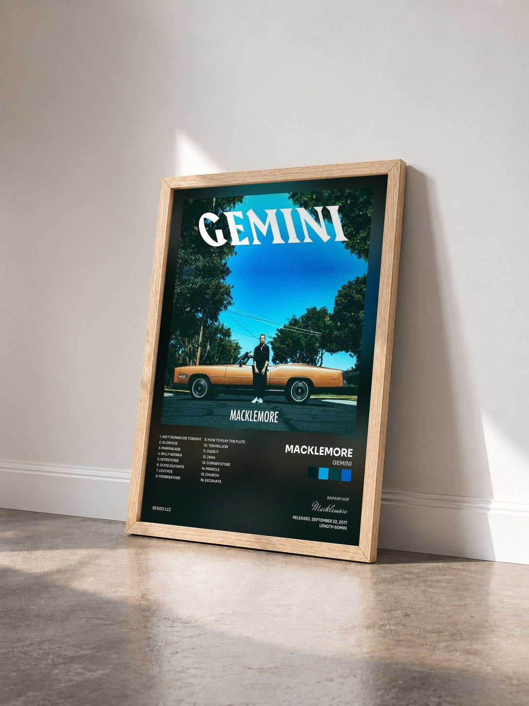 #bois Tableau de l'album GEMINI de Macklemore vu de trois quarts, cadre en bois brut