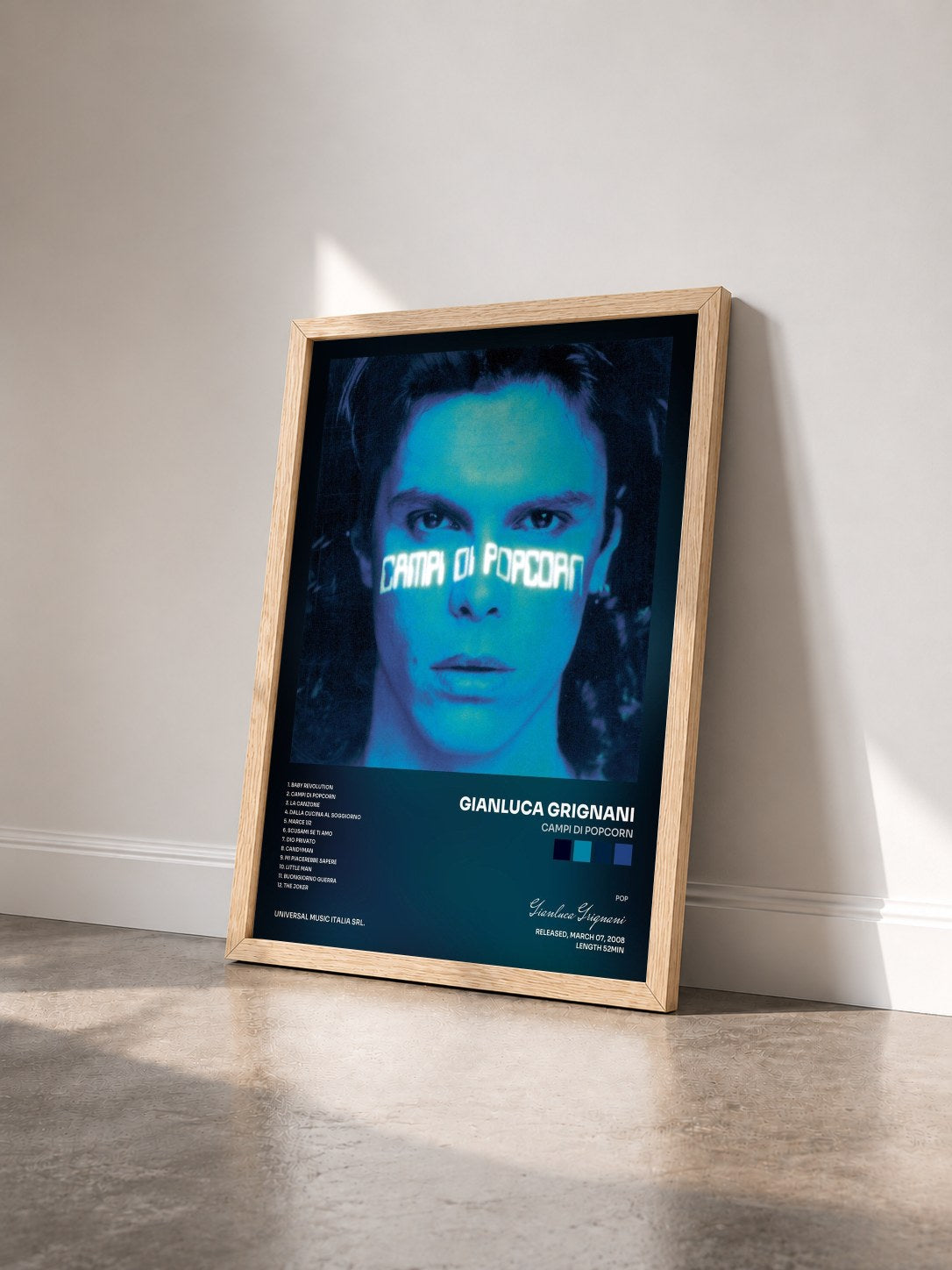 #bois Tableau de l'album Campi Di Popcorn de Gianluca Grignani vu de trois quarts, cadre en bois brut
