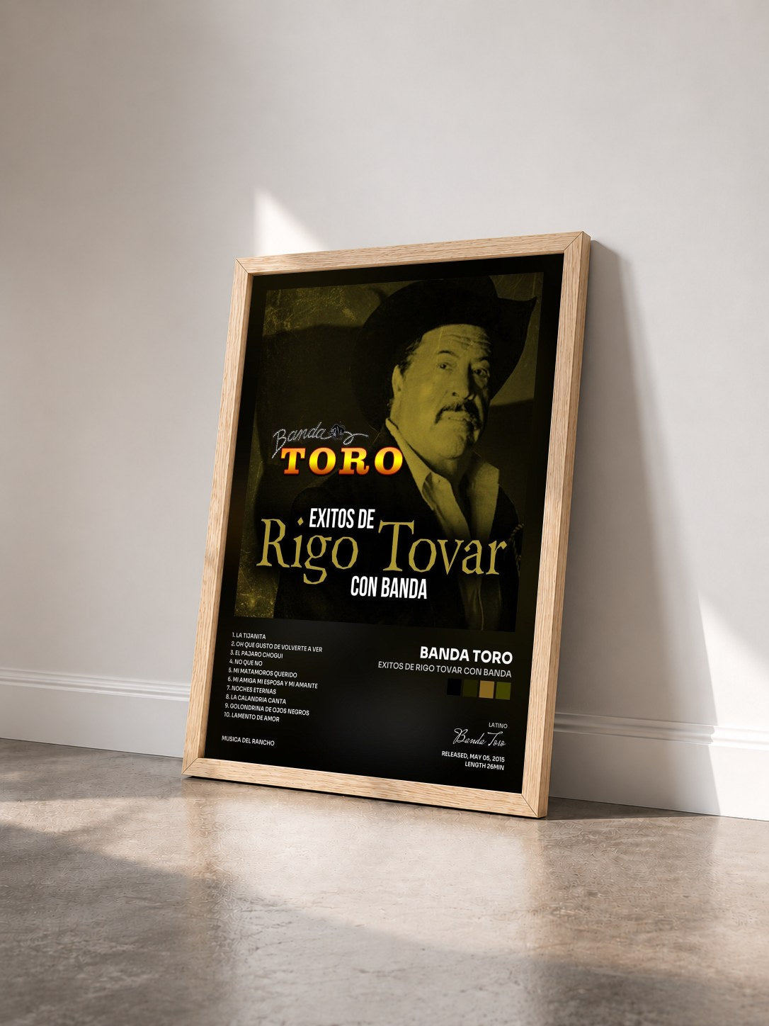 #bois Tableau de l'album Exitos de Rigo Tovar Con Banda de Banda Toro vu de trois quarts, cadre en bois brut