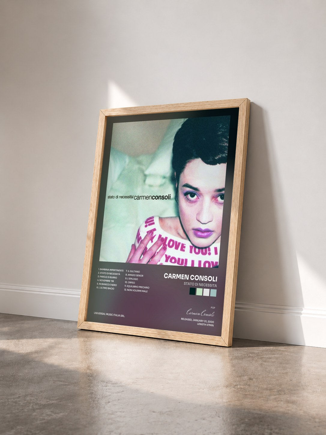 #bois Tableau de l'album Stato Di Necessita de Carmen Consoli vu de trois quarts, cadre en bois brut