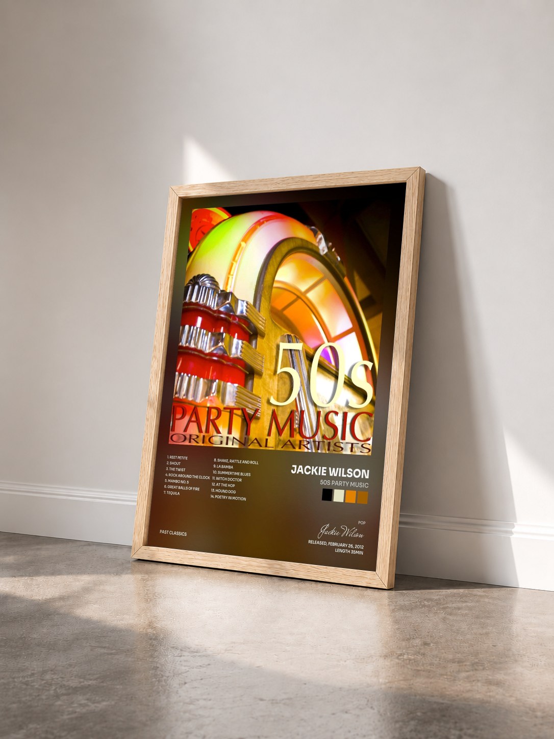 #bois Tableau de l'album 50s Party Music de Jackie Wilson vu de trois quarts, cadre en bois brut