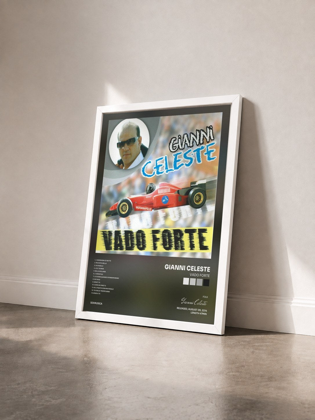 #blanc Tableau de l'album Vado forte de Gianni Celeste vu de trois quarts, cadre blanc