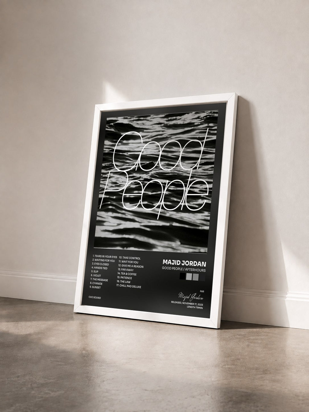 #blanc Tableau de l'album Good People / Afterhours de Majid Jordan vu de trois quarts, cadre blanc
