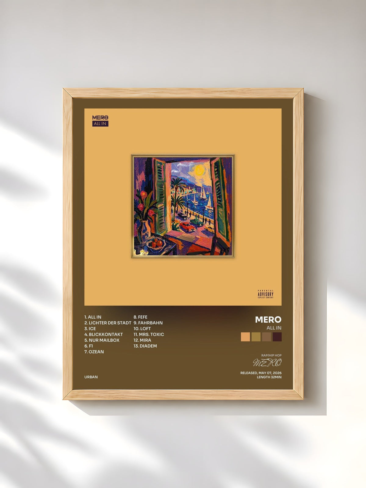 #bois Tableau de l'album ALL IN de MERO, cadre en bois brut, imprimé et encadré en France