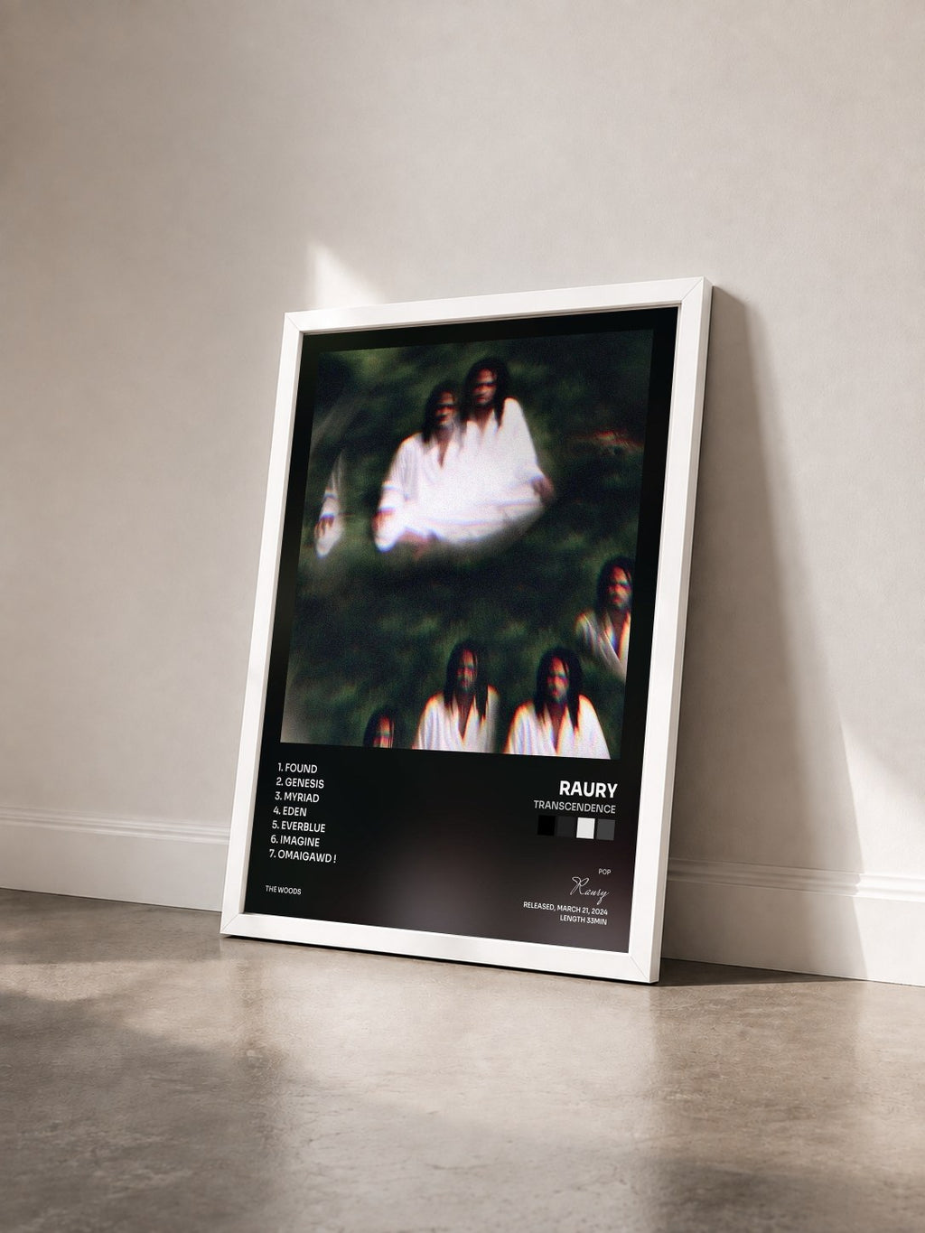 #blanc Tableau de l'album Transcendence de Raury vu de trois quarts, cadre blanc