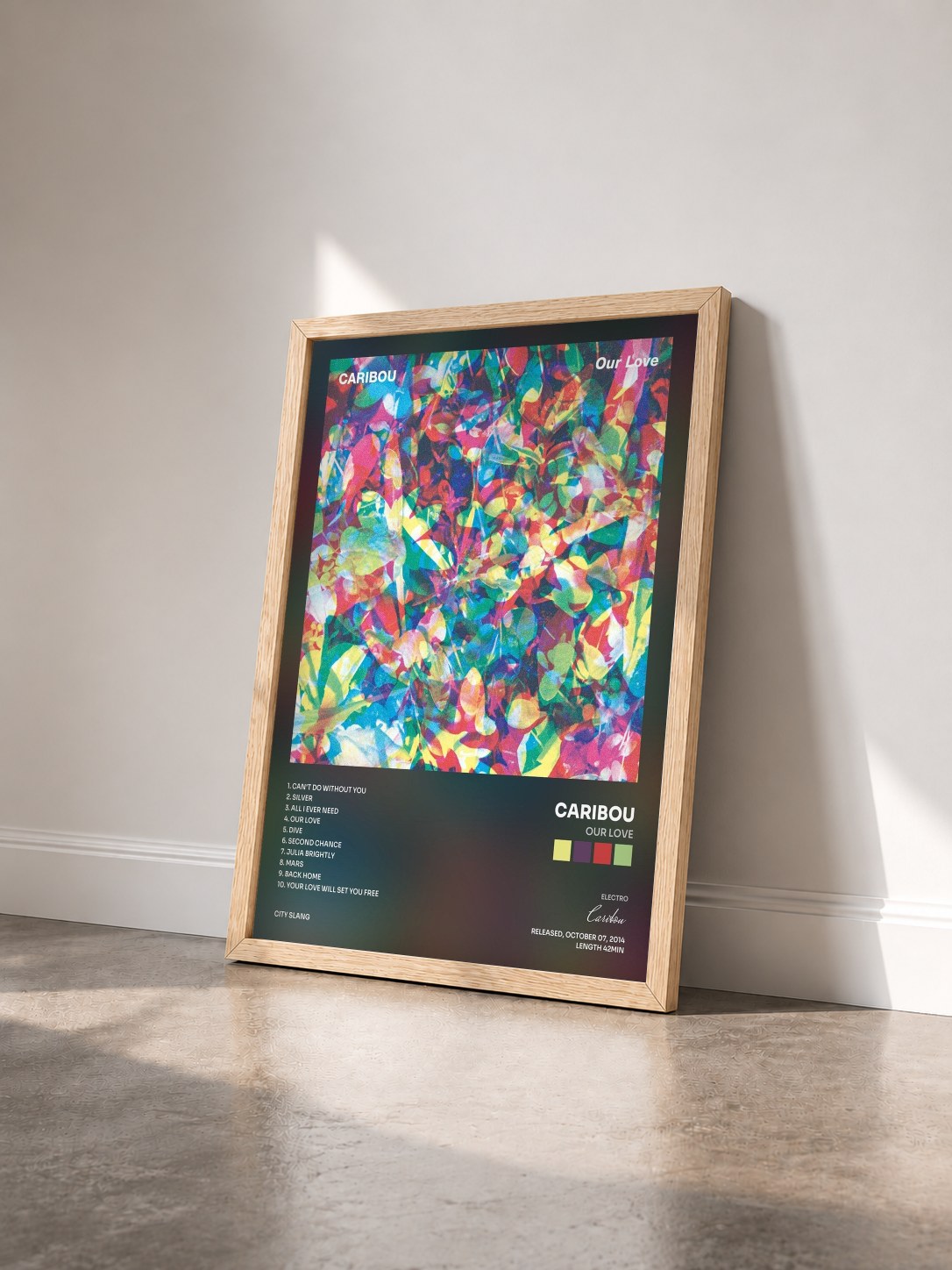 #bois Tableau de l'album Our Love de Caribou vu de trois quarts, cadre en bois brut