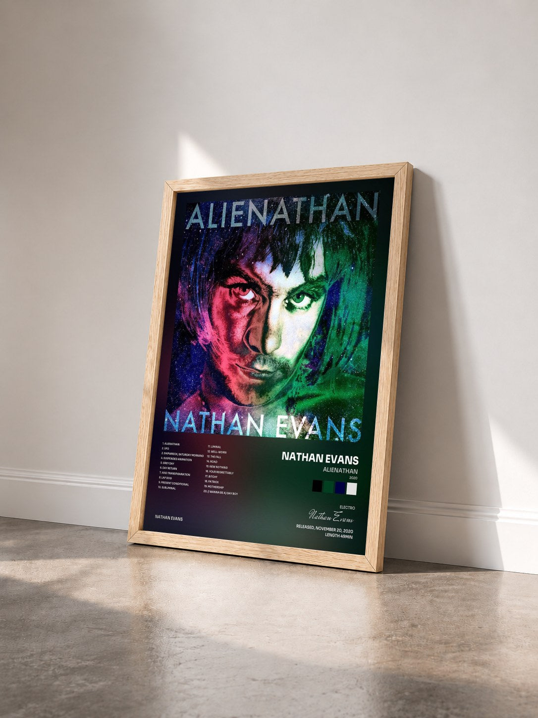 #bois Tableau de l'album Alienathan (2020) de Nathan Evans vu de trois quarts, cadre en bois brut
