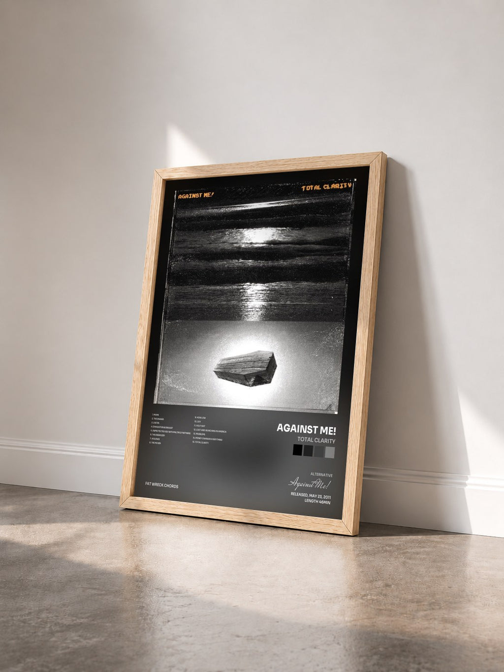 #bois Tableau de l'album Total Clarity de Against Me! vu de trois quarts, cadre en bois brut